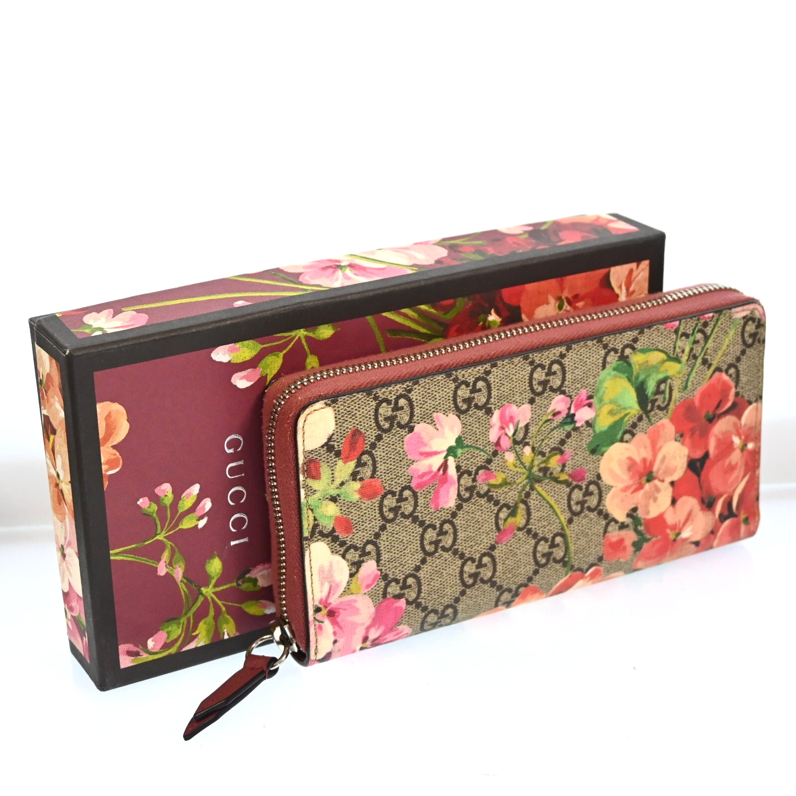 AUTH GUCCI Blooms Round Zipper Long Wallet Pink H2742A706