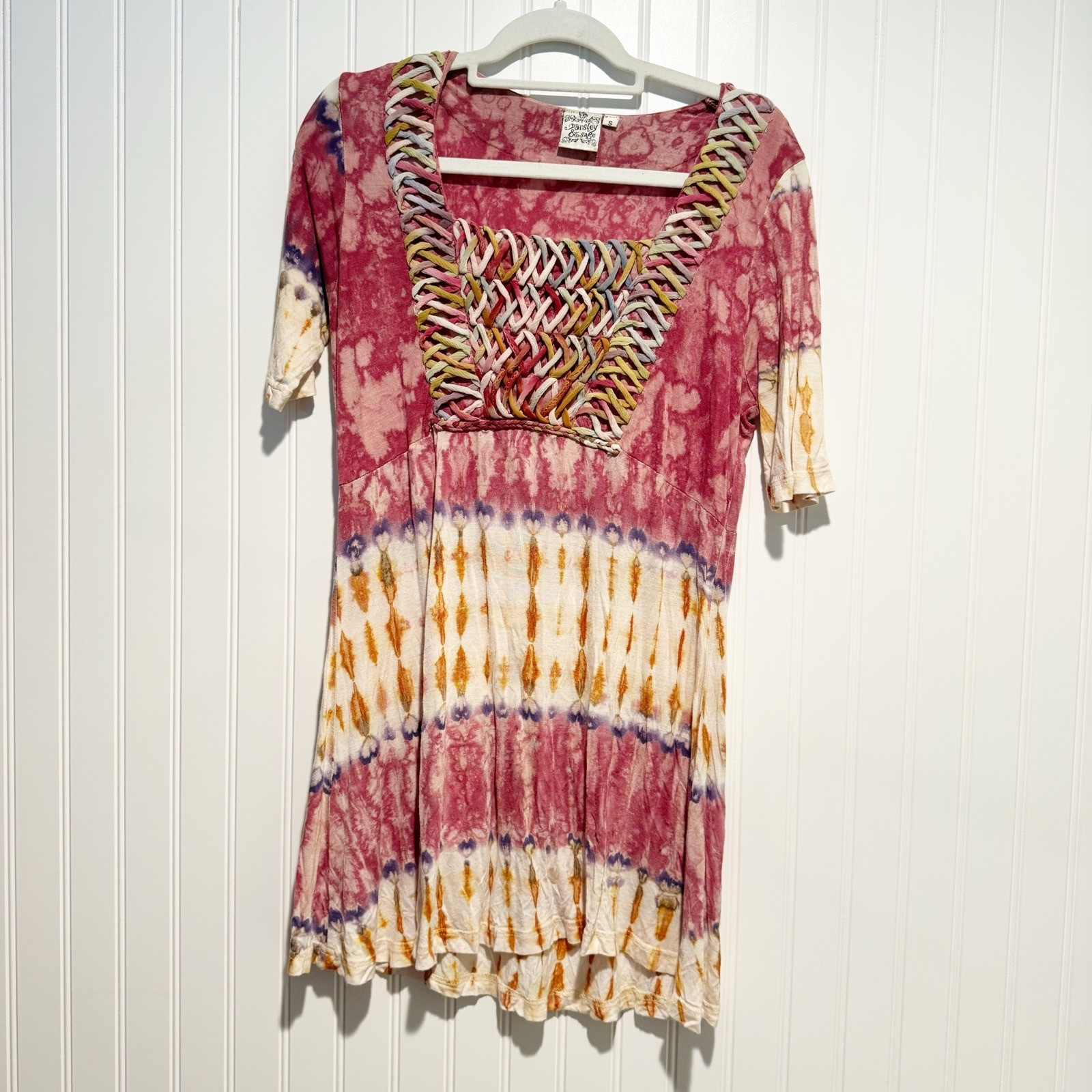 Parsley Sage Tie Dye Macramé Tunic Top Size Small Colorful Art To Wear Hippie