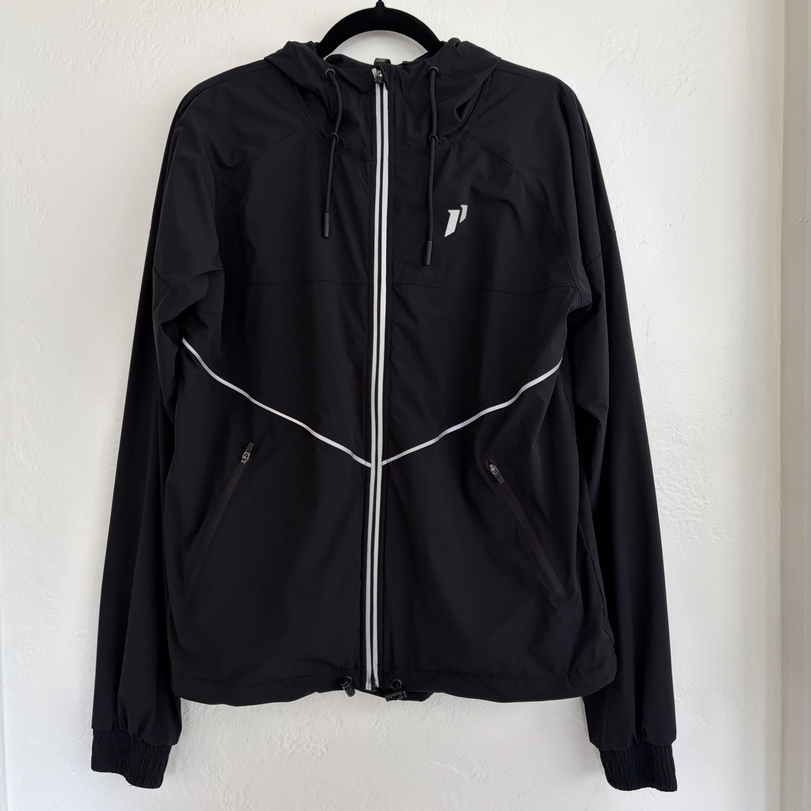 1st Phorm Black Hooded Reflective Full Zip Windbreaker Jacket Pockets Size Small