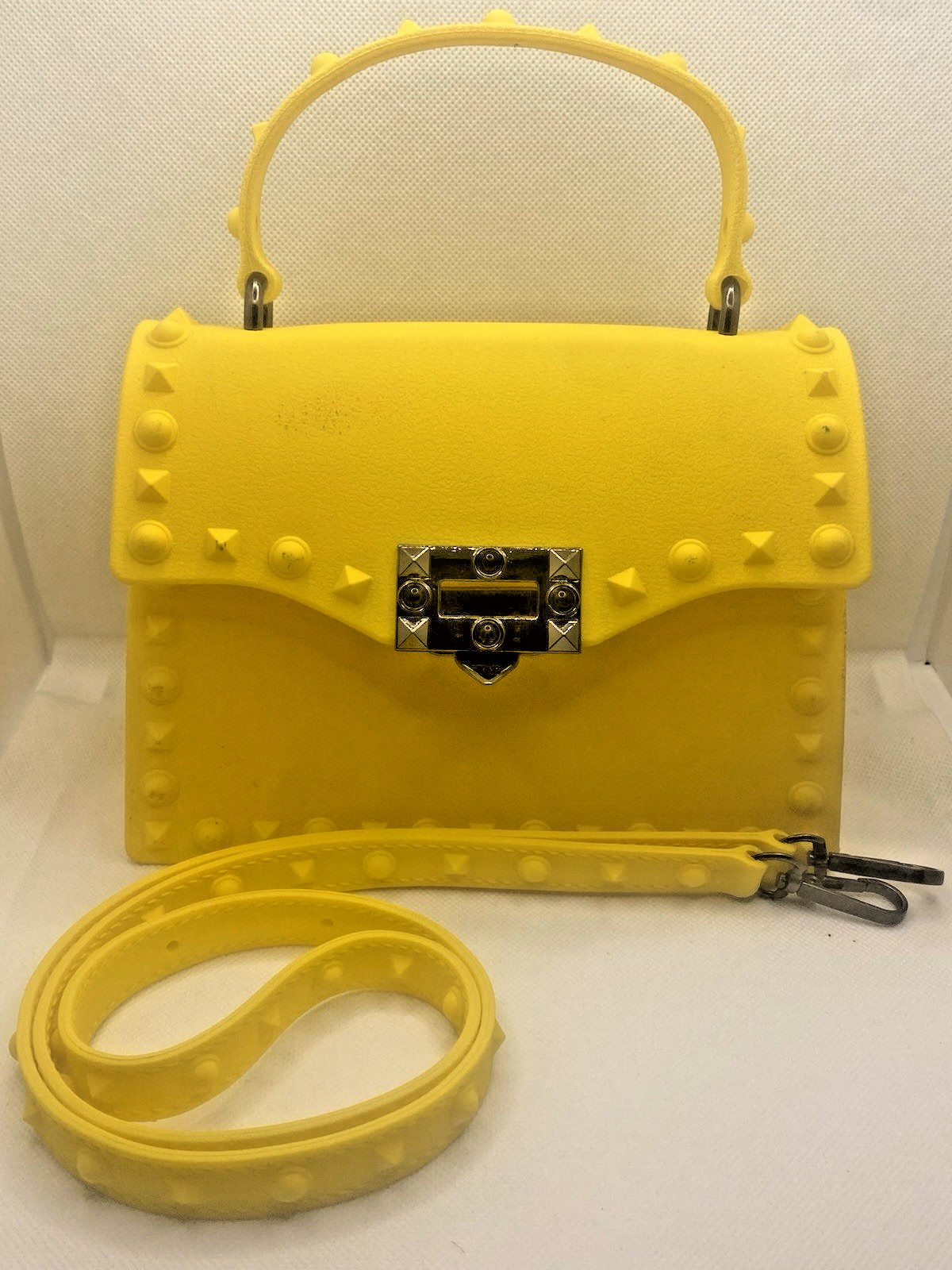 Yellow Studded Satchel Top Handle Bag w/ Detachable Strap, Latch, Silver HW