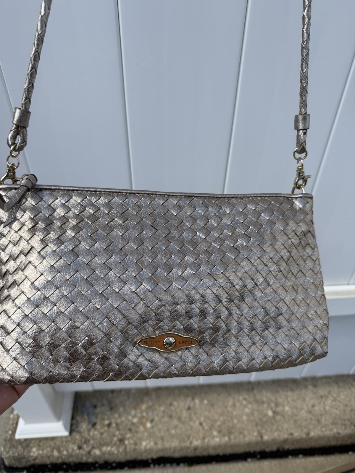 Elliott Lucca Women’s Metallic Gold Woven Leather Crossbody Clutch Purse