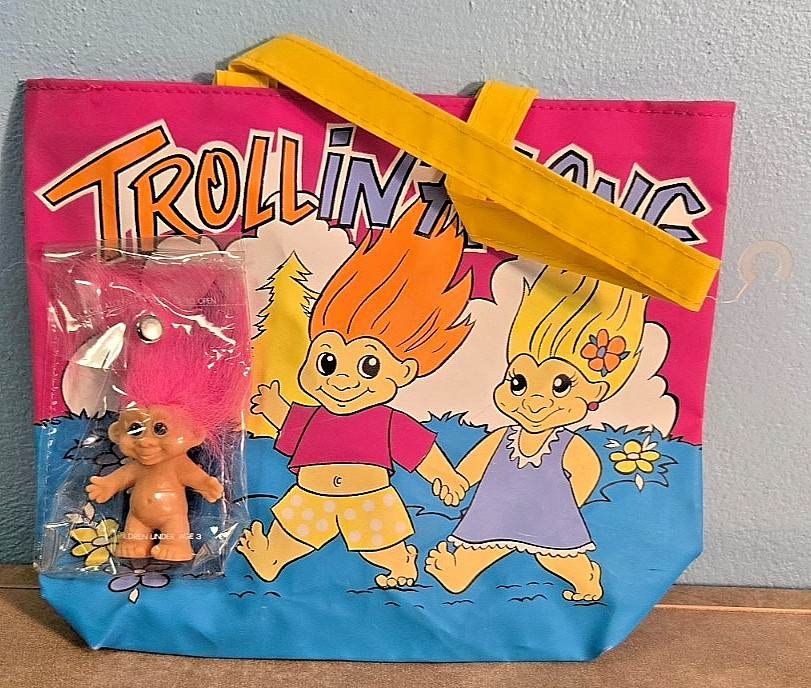 Rare Vintage Fantasy Trolls Novelty Collectible “Trollin’ Along” Tote Bag & DOLL