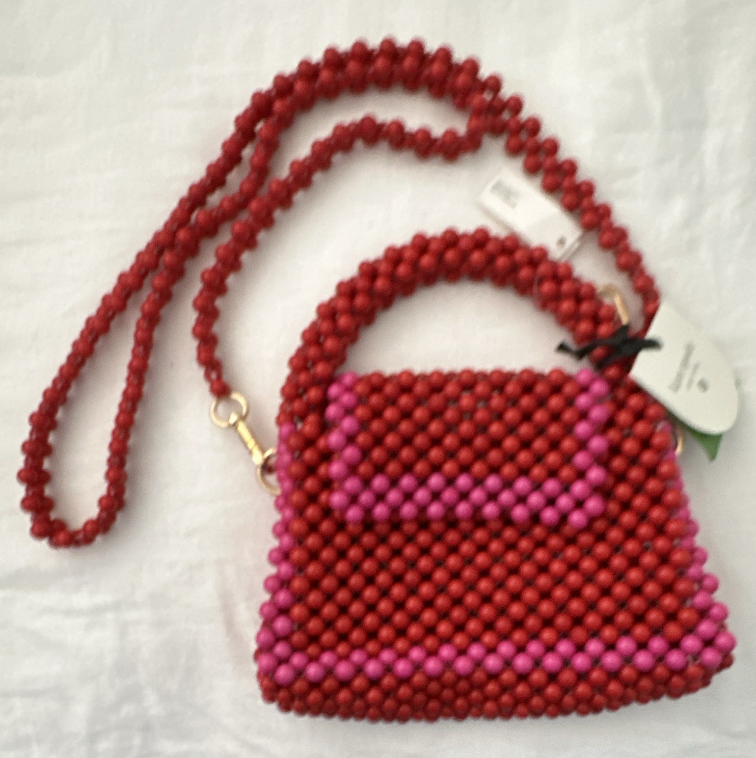 Red/Pink Beaded Mini Crossbody Handbag, Detachable Adjustable Strap, Zip