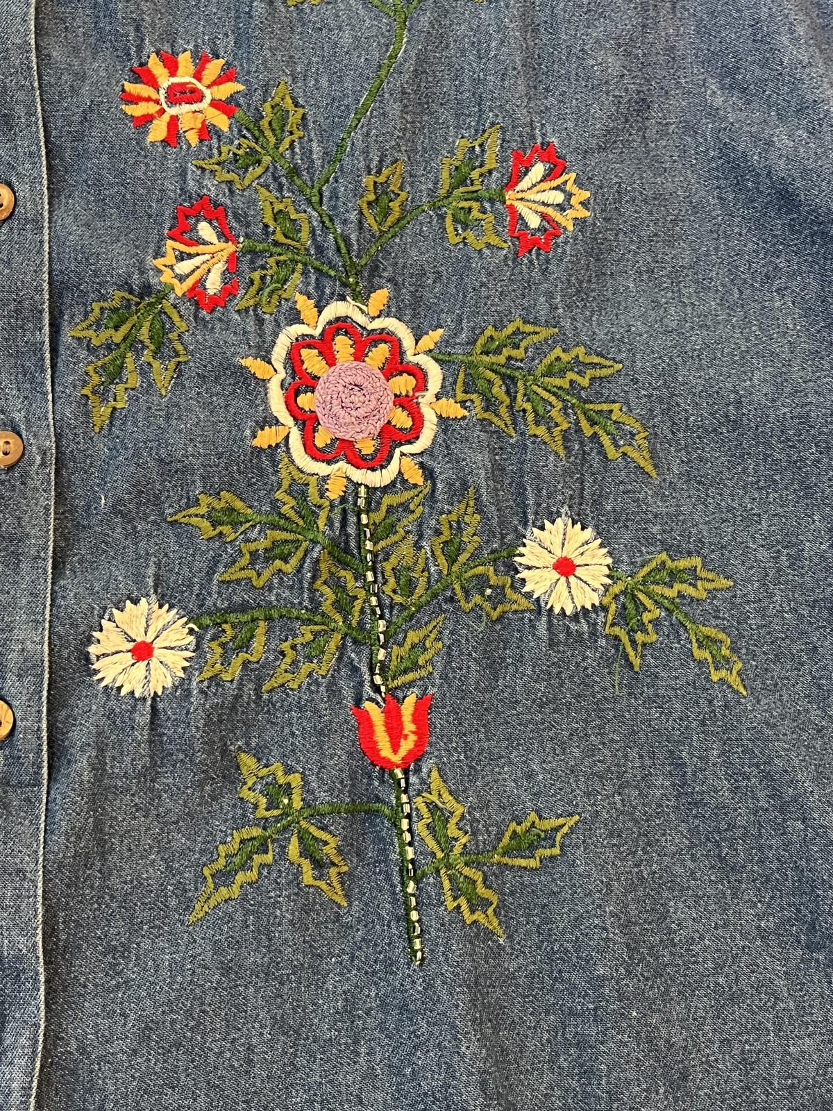 Bobbie Brooks Denim Embroidered Floral Shirt Button Up Tunic Womens XL Blue