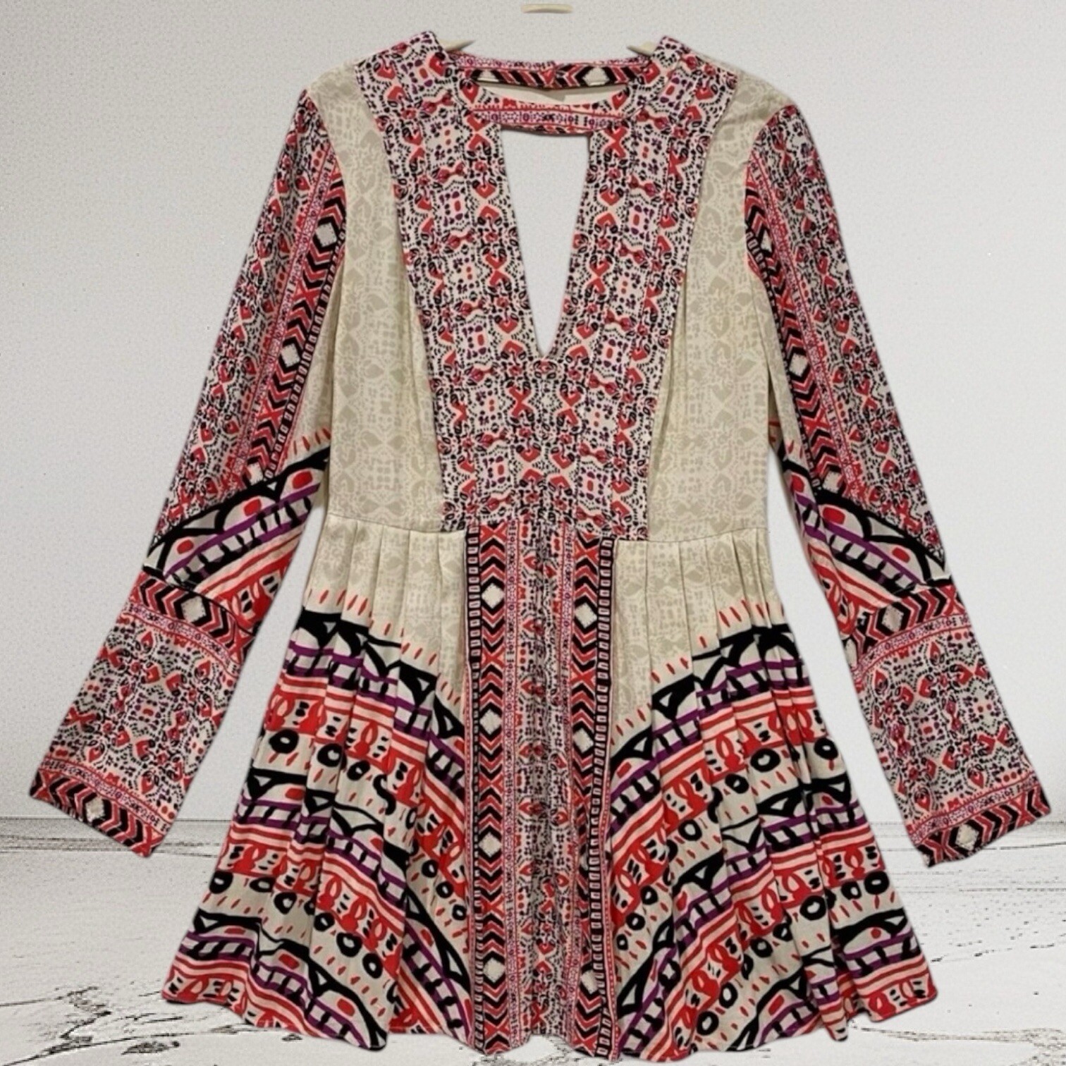 Free People Tegan Border Print Keyhole Mini Dress Size 2 Boho Summer Chic $108