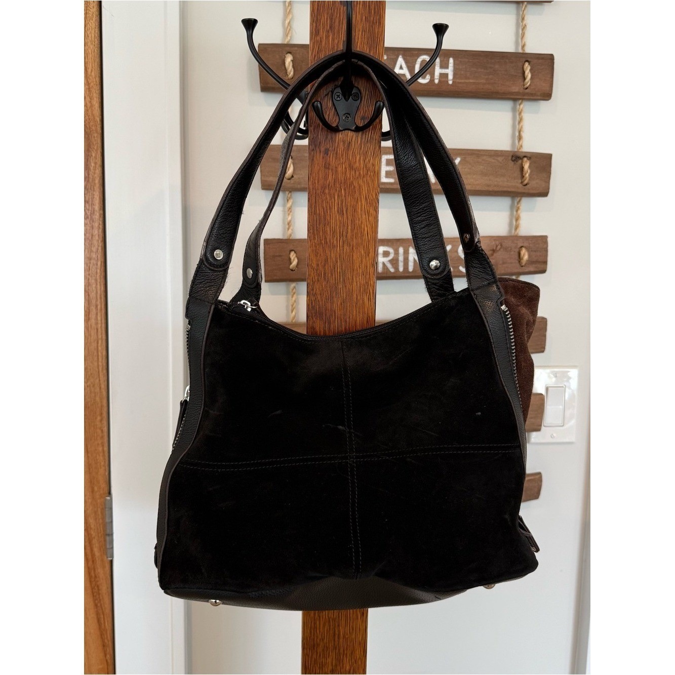 Tignanello Y2K Black Brown Zipper Suede Leather Hobo Womens Shoulder Handbag EUC