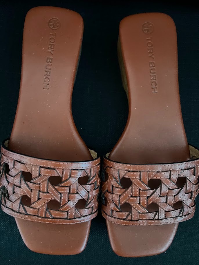 Tory Burch Basket Weave Brown Leather Clogs Wooden Slide Mules Sandals Size 7.5