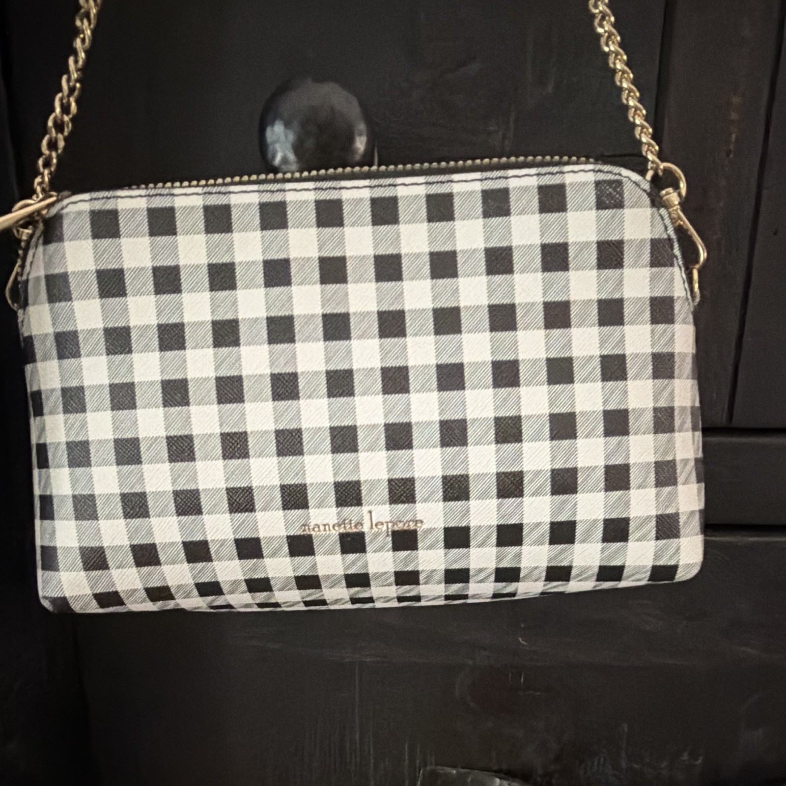 Nanette Lepore Black & White Gingham Zip Shoulder Bag Gold Chain Strap Purse