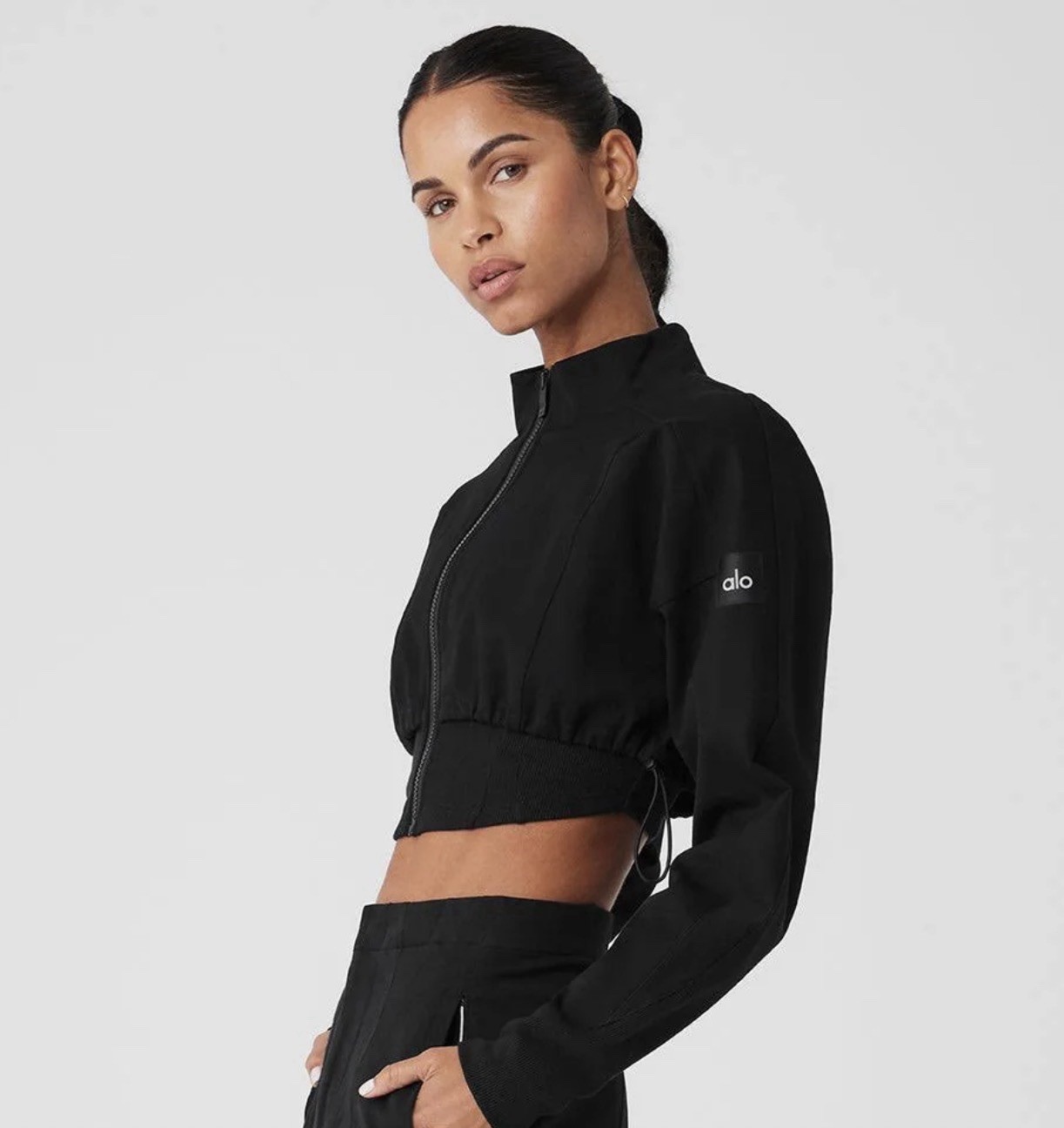 ALO On Point Black Moto Jacket Tight Inner Layer Boxy Cinchable Zip Up Outer