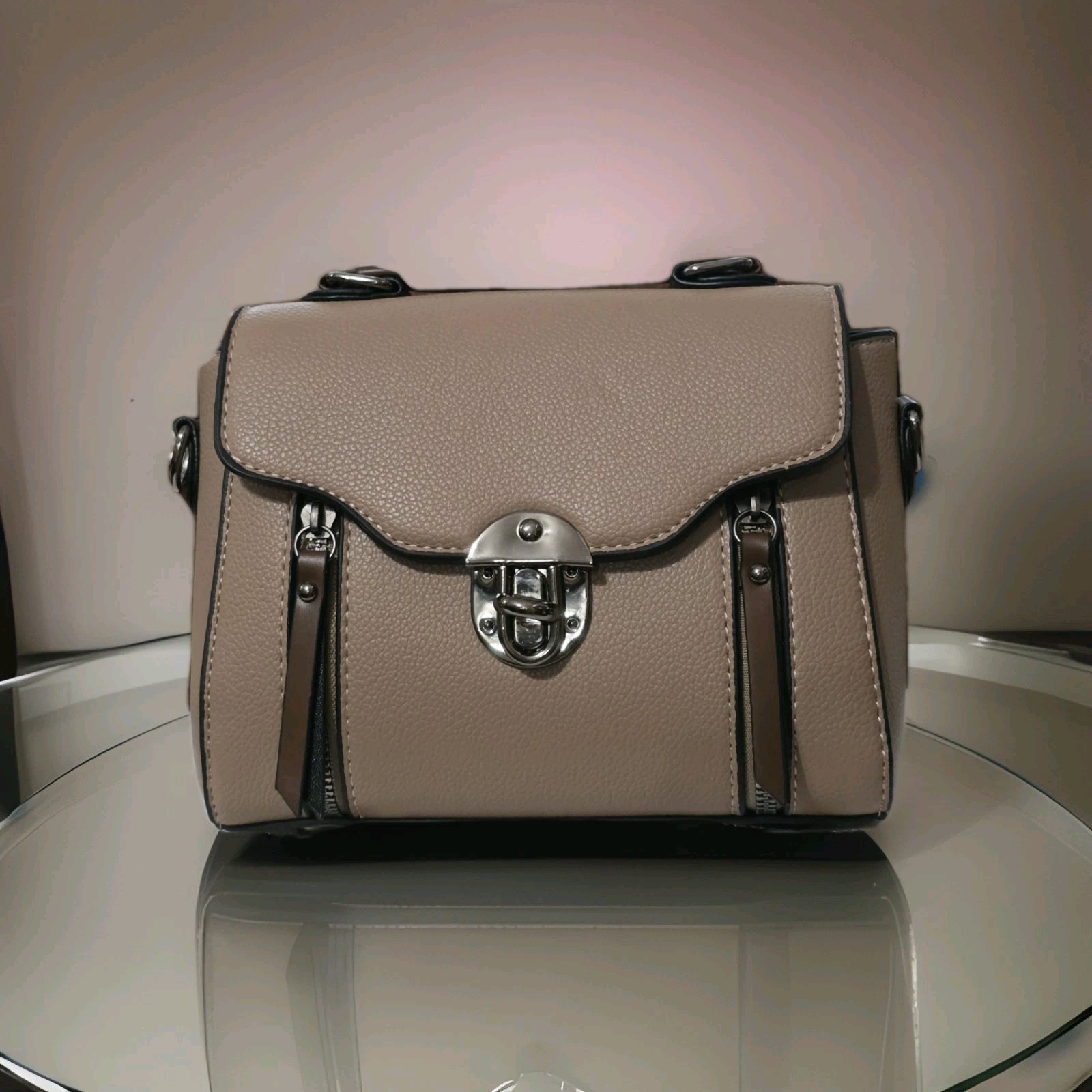 Soft Synthetic Leather Khaki W/Brown Contrast Turn Lock And 2 Zipper Accent NWT