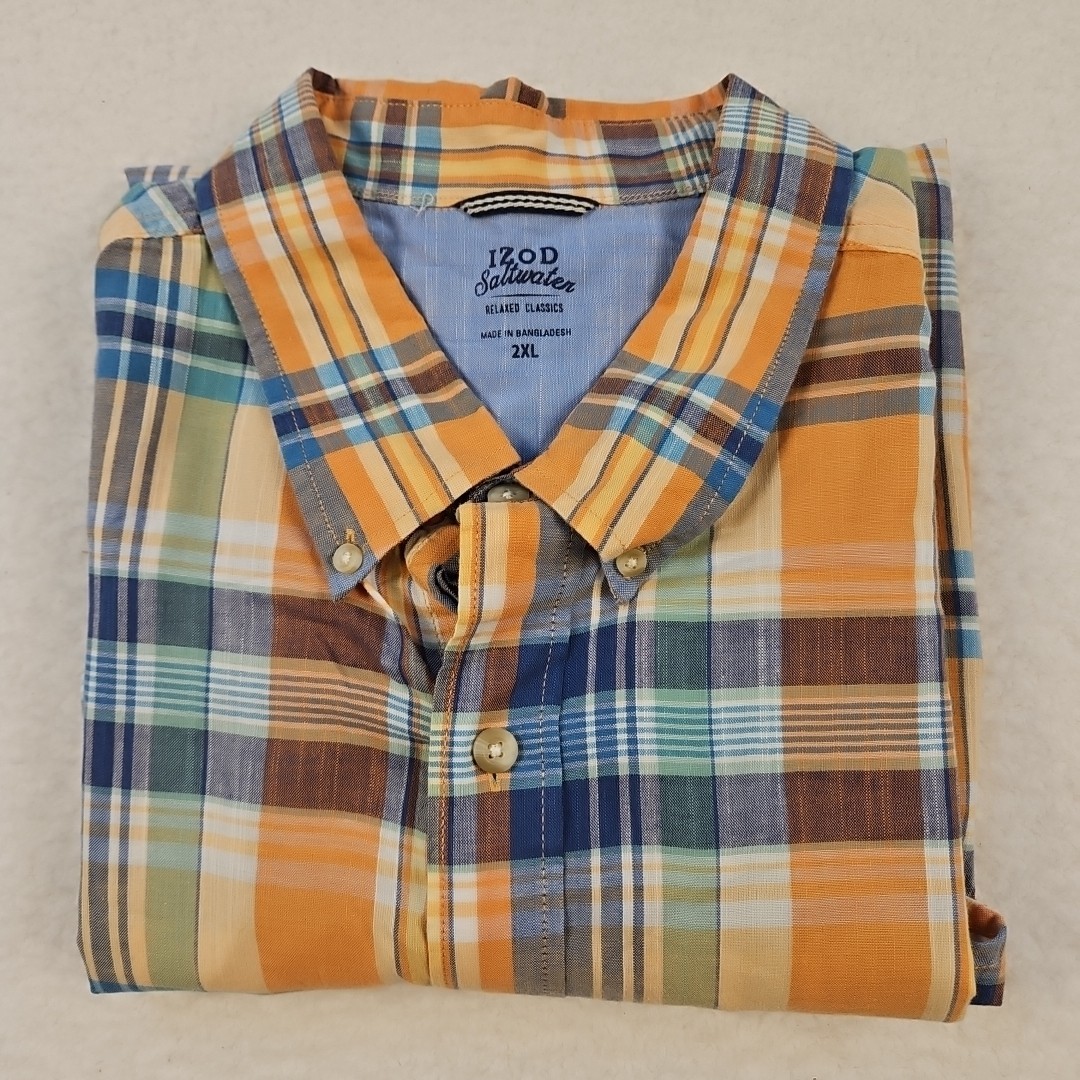 IZOD Saltwater Men’s Short Sleeve Button Down Shirt Size 2XL Orange Multicolor