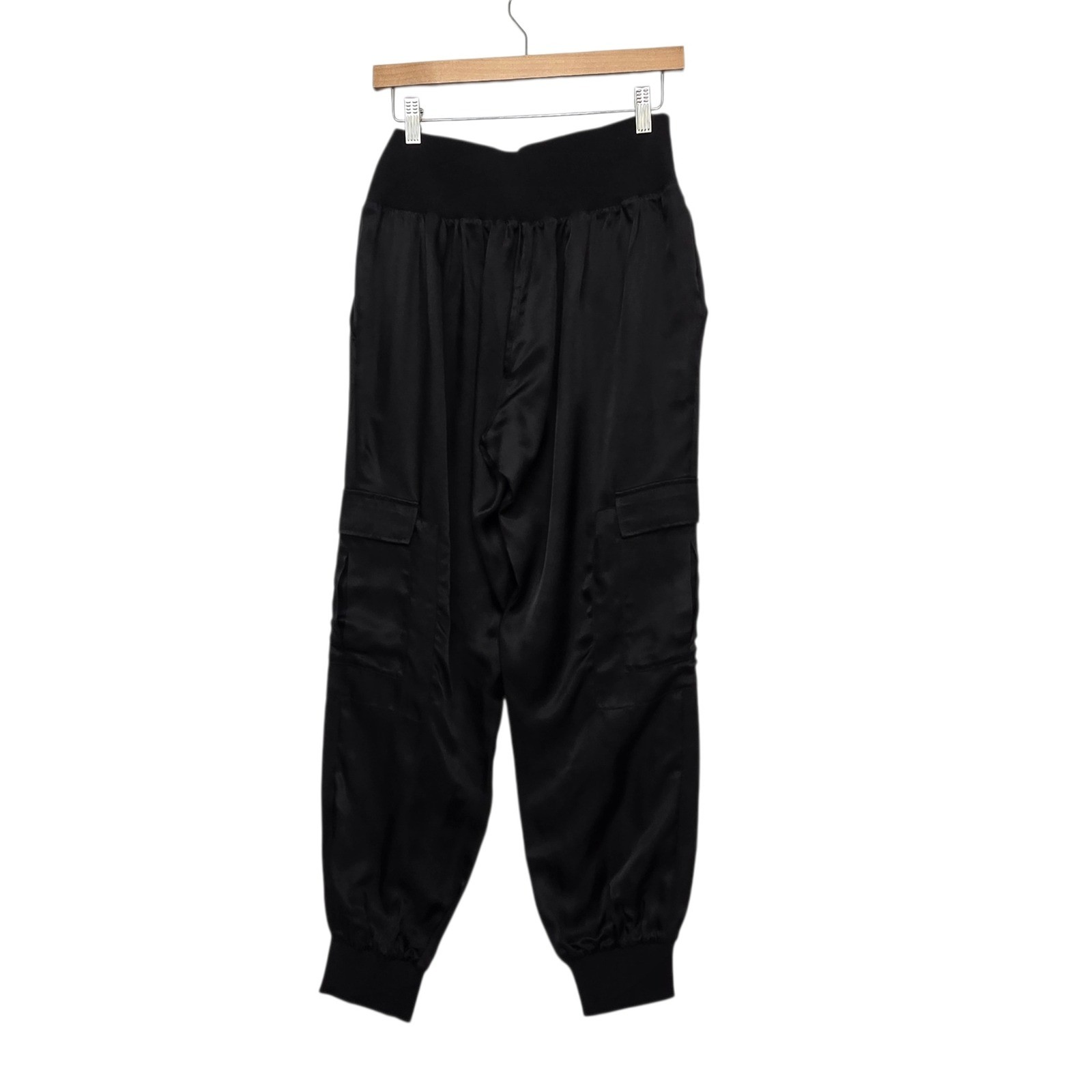 Cinq a Sept Giles Black Cupro Cargo Joggers High Rise Satin Pants Women Large