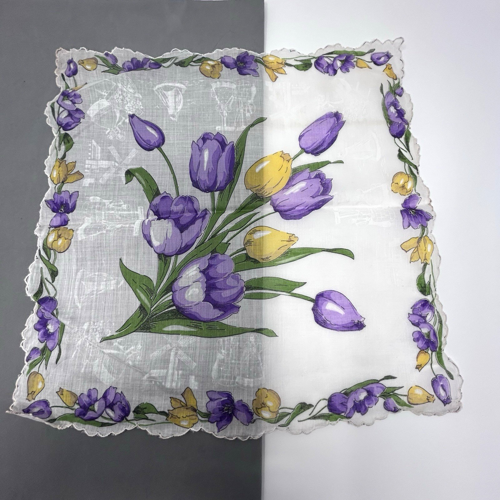 Vintage 1950s Purple Yellow Tulips Handkerchief Dutch Windmill Ship 12.75″