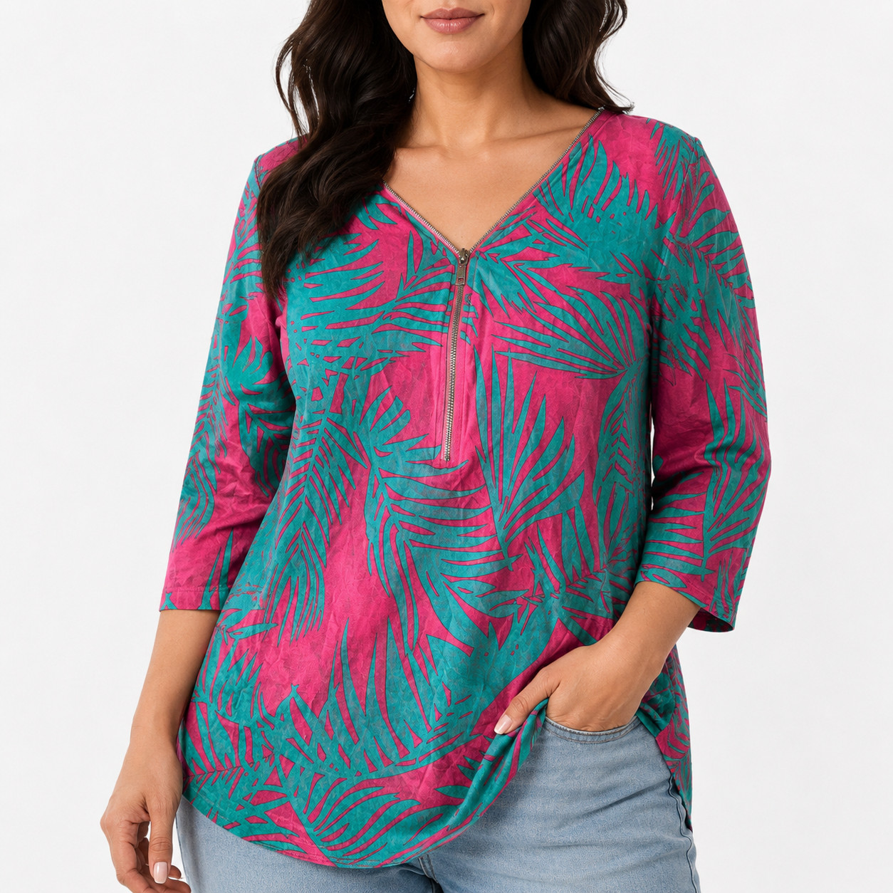 Belle by Kim Gravel Tropical Women’s Large Palm Print Top 3/4 Sleeve Zip Neck