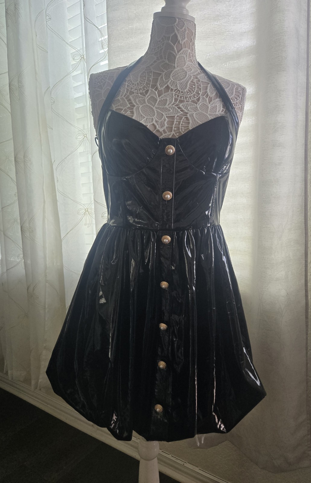 Capsulle Black Patent Faux Leather Sweetheart Mini Dress Zip/Button Women L