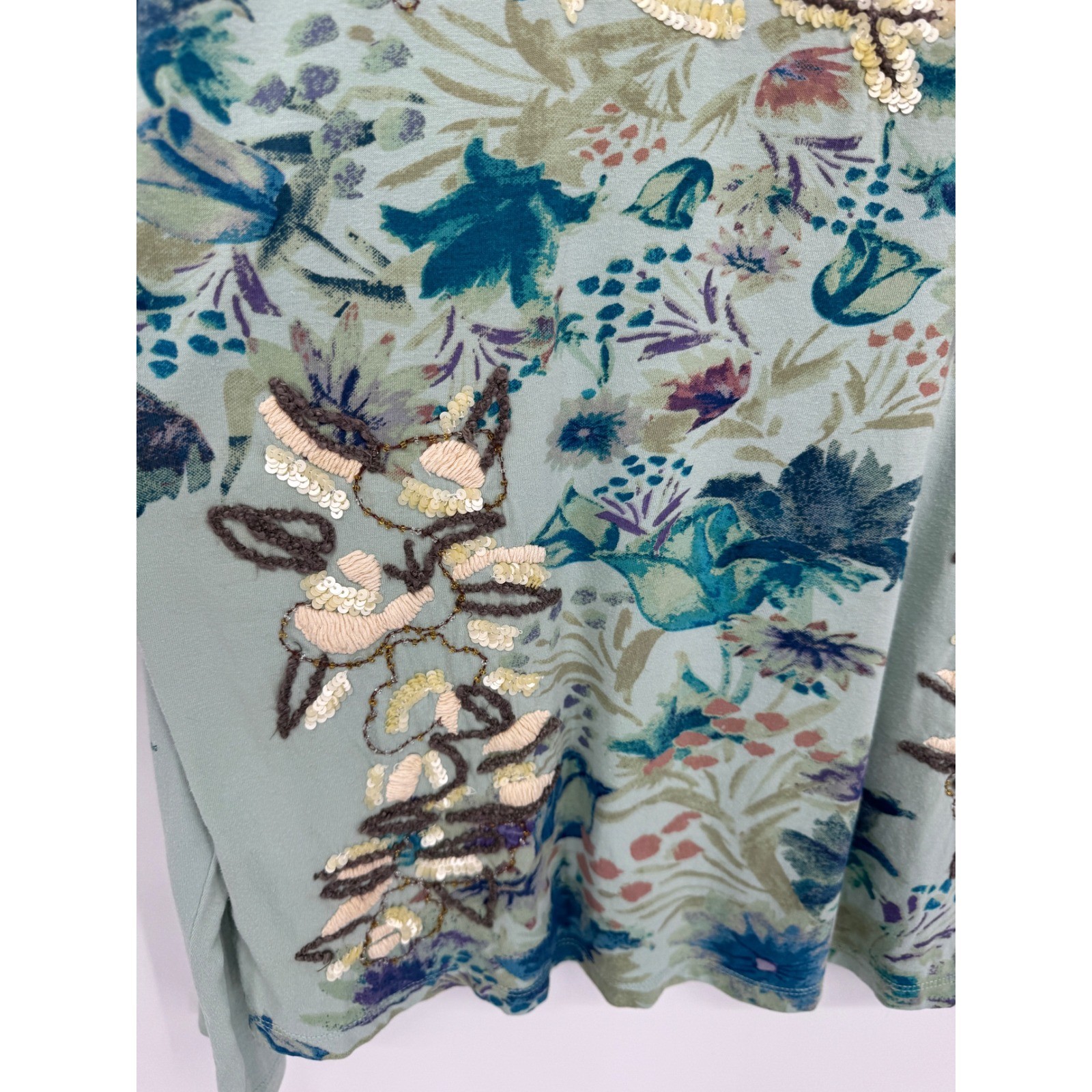 Sundance Floral Sequin Embroidered Top Women L Sage Green Boho Whimsical Artsy