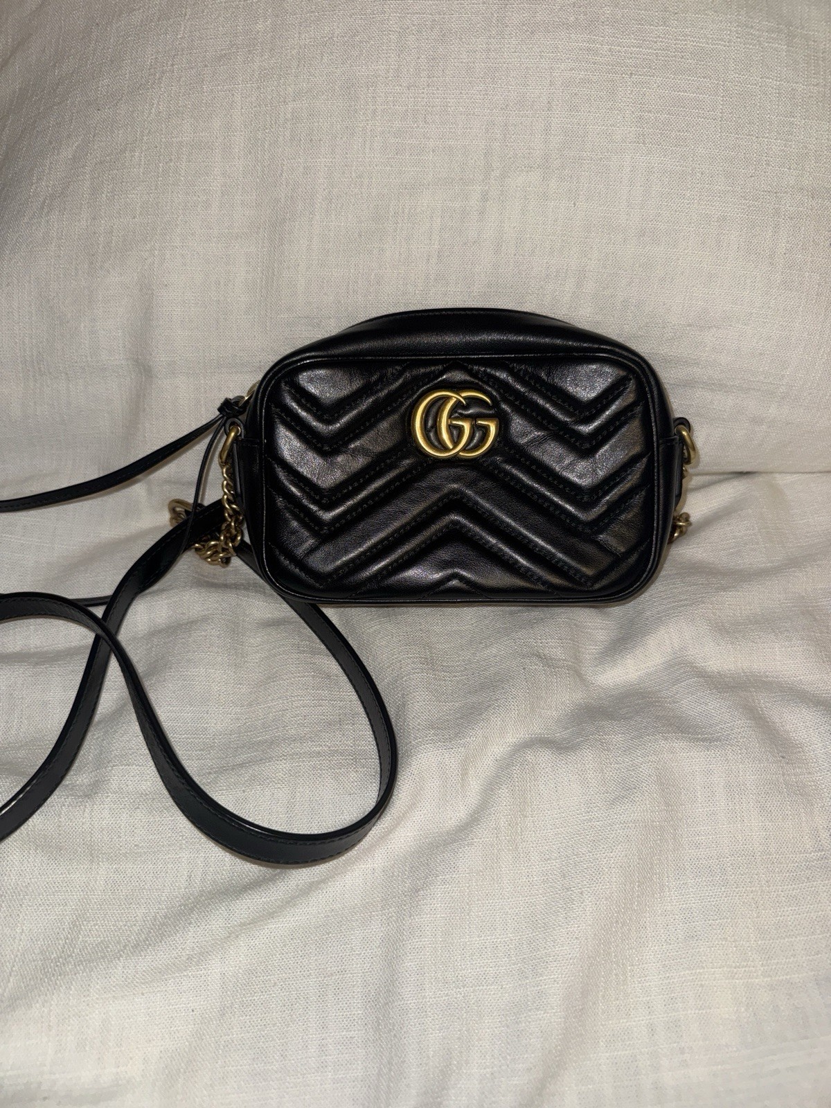 Gucci GG Marmont Small Black Chevron Quilted Crossbody Bag Gold Hardware