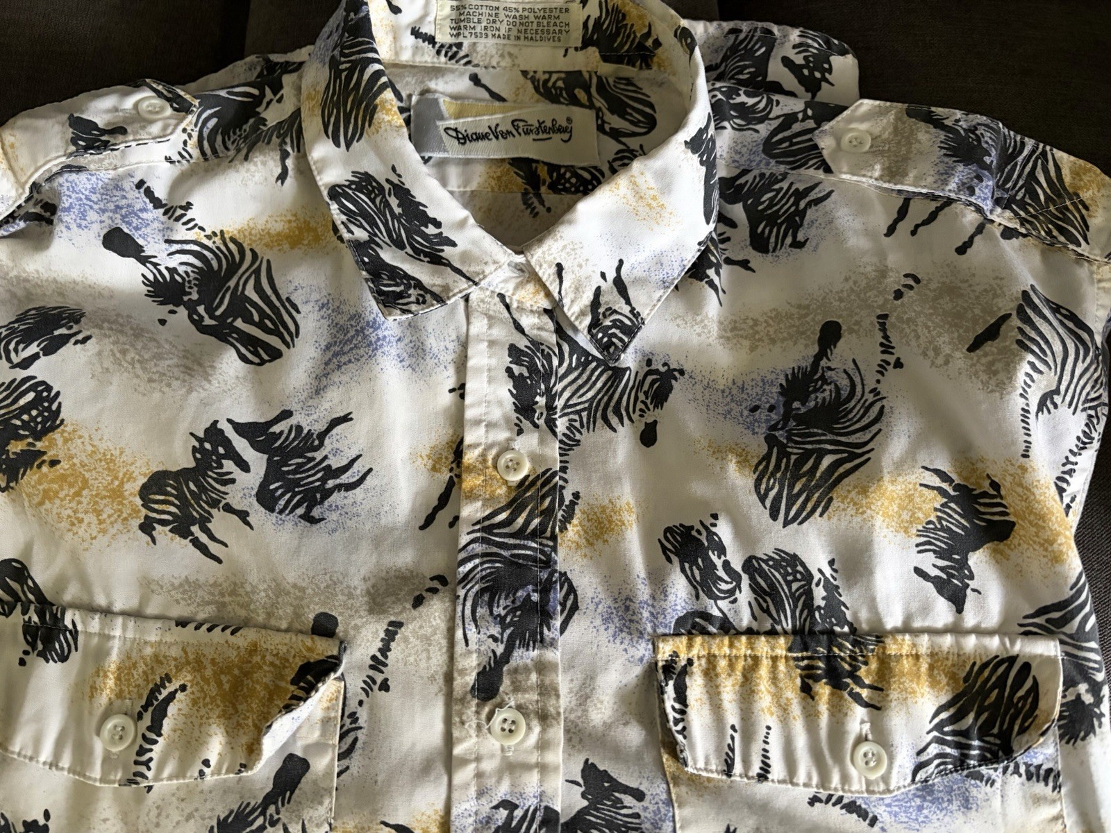 Vintage 80s 90s Diane Von Furstenberg Zebra Shirt Large DVF Safari Button Up SS