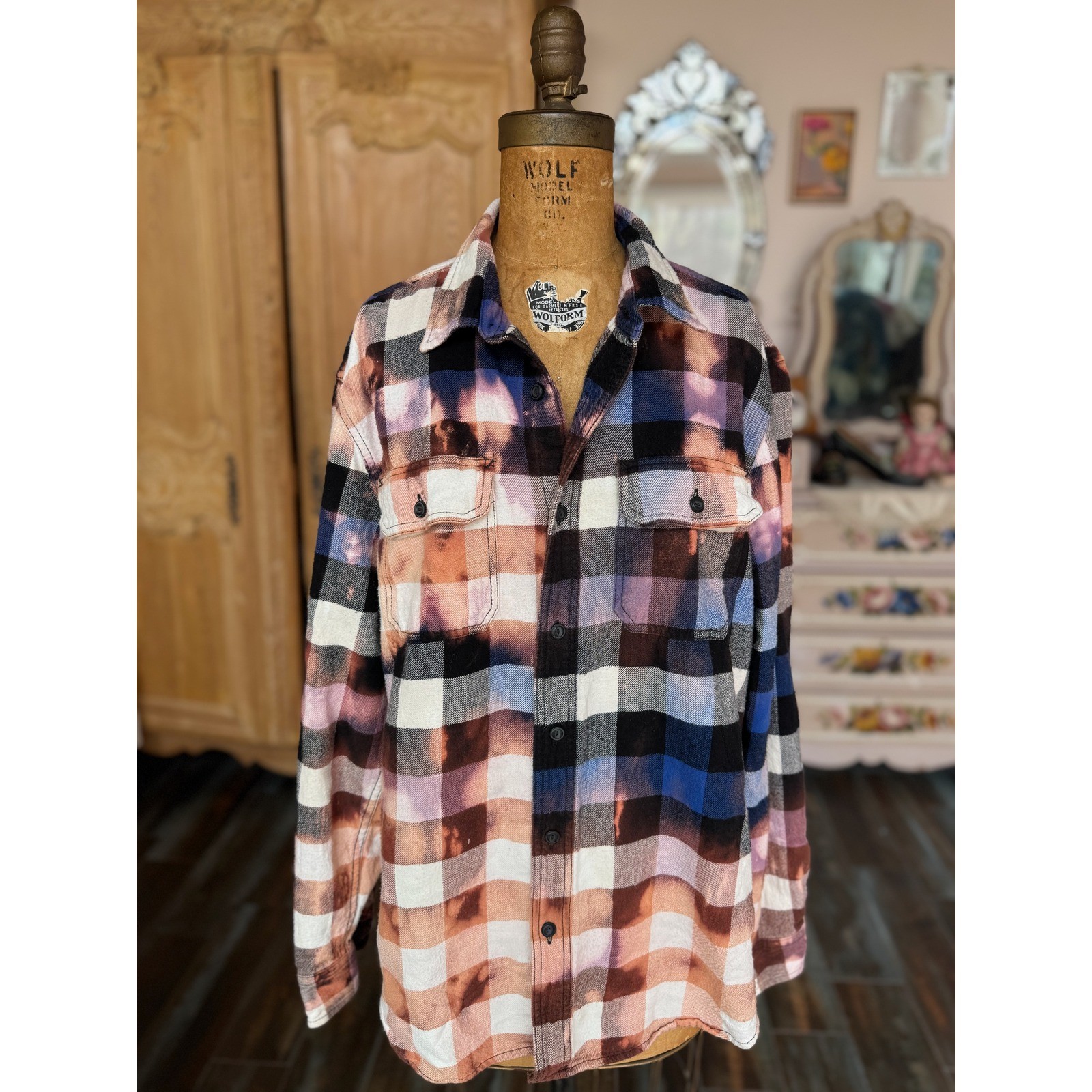 Distressed Upcycled Grunge Flannel Bleach Dye Jinx Patch Folk Art Shirt XL