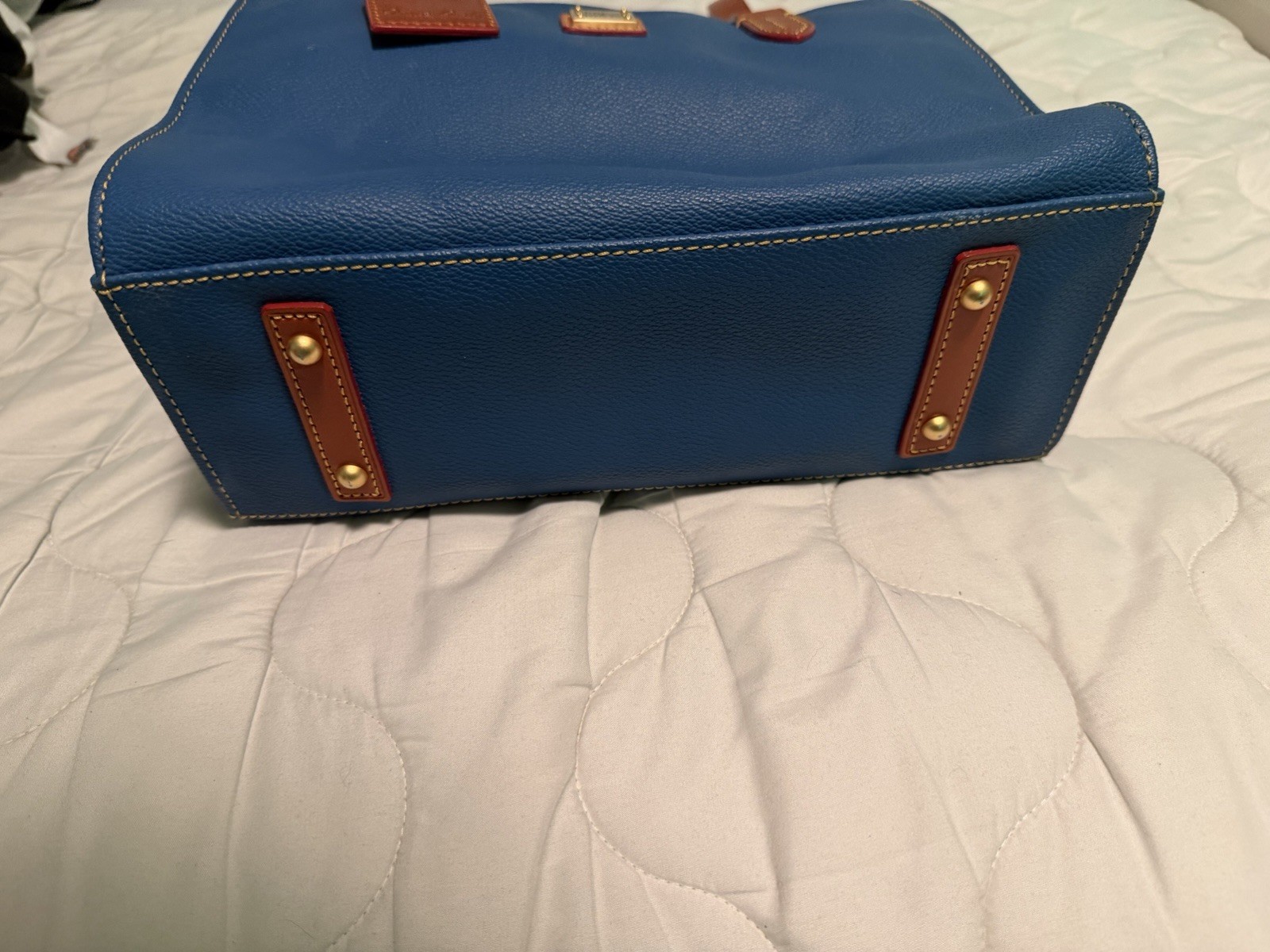 Dooney & Bourke Medium Blue Tote, Brown Double Handles, Zip, Charm, Red Lining