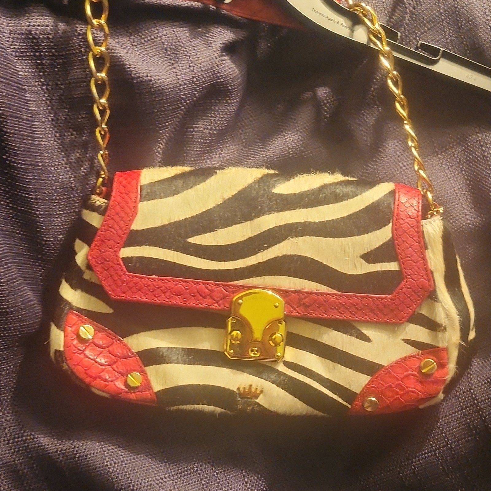 ELAINE TURNER Zebra Print Small Shoulder Bag Chain Strap Push Lock Gold HW