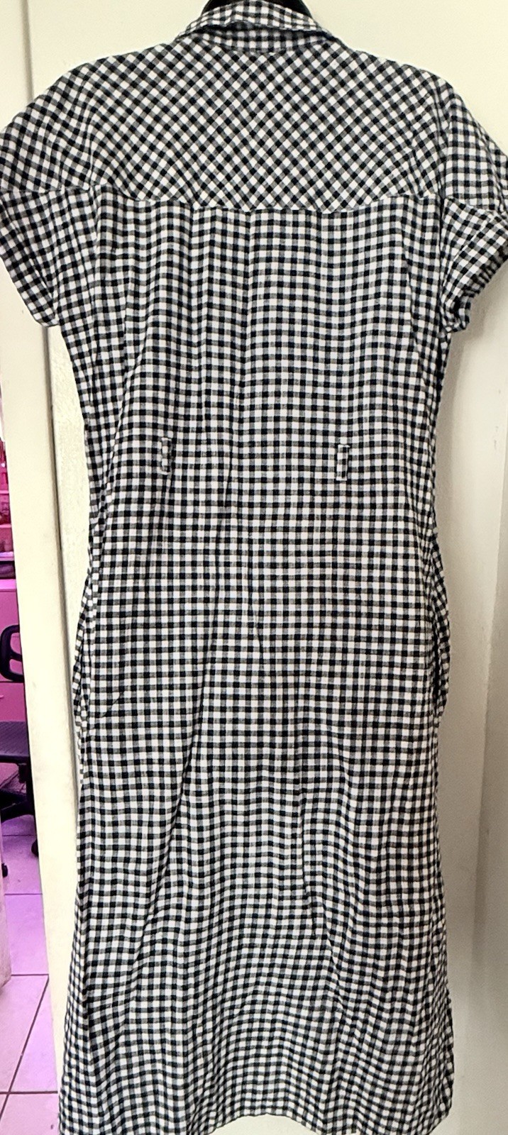 ginghem Women’s L Black White Gingham Shirt Dress Collared Button Pockets
