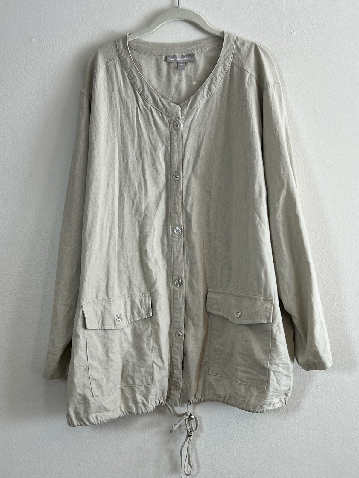 Woman Within 2X Linen Jacket Beige Button Up Drawstring Hem Pockets Size 26/28