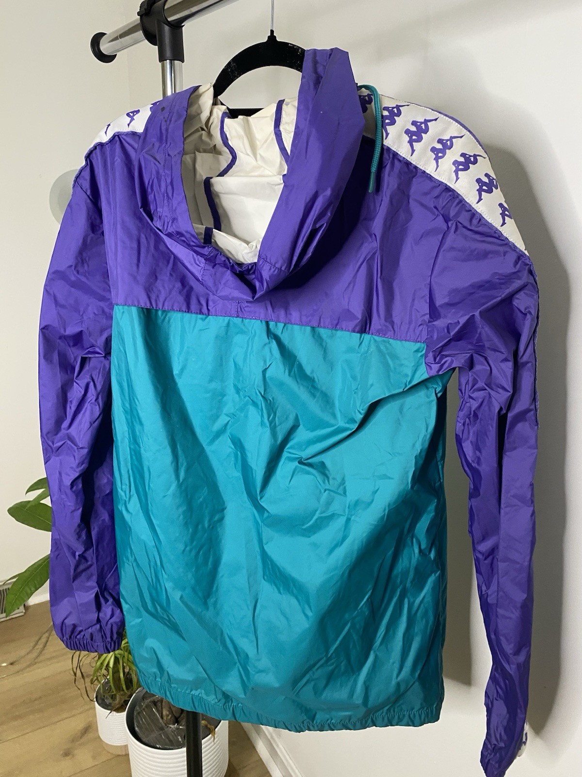 Kappa Men’s L Colorblock Hooded Full Zip Windbreaker Jacket Purple Teal White