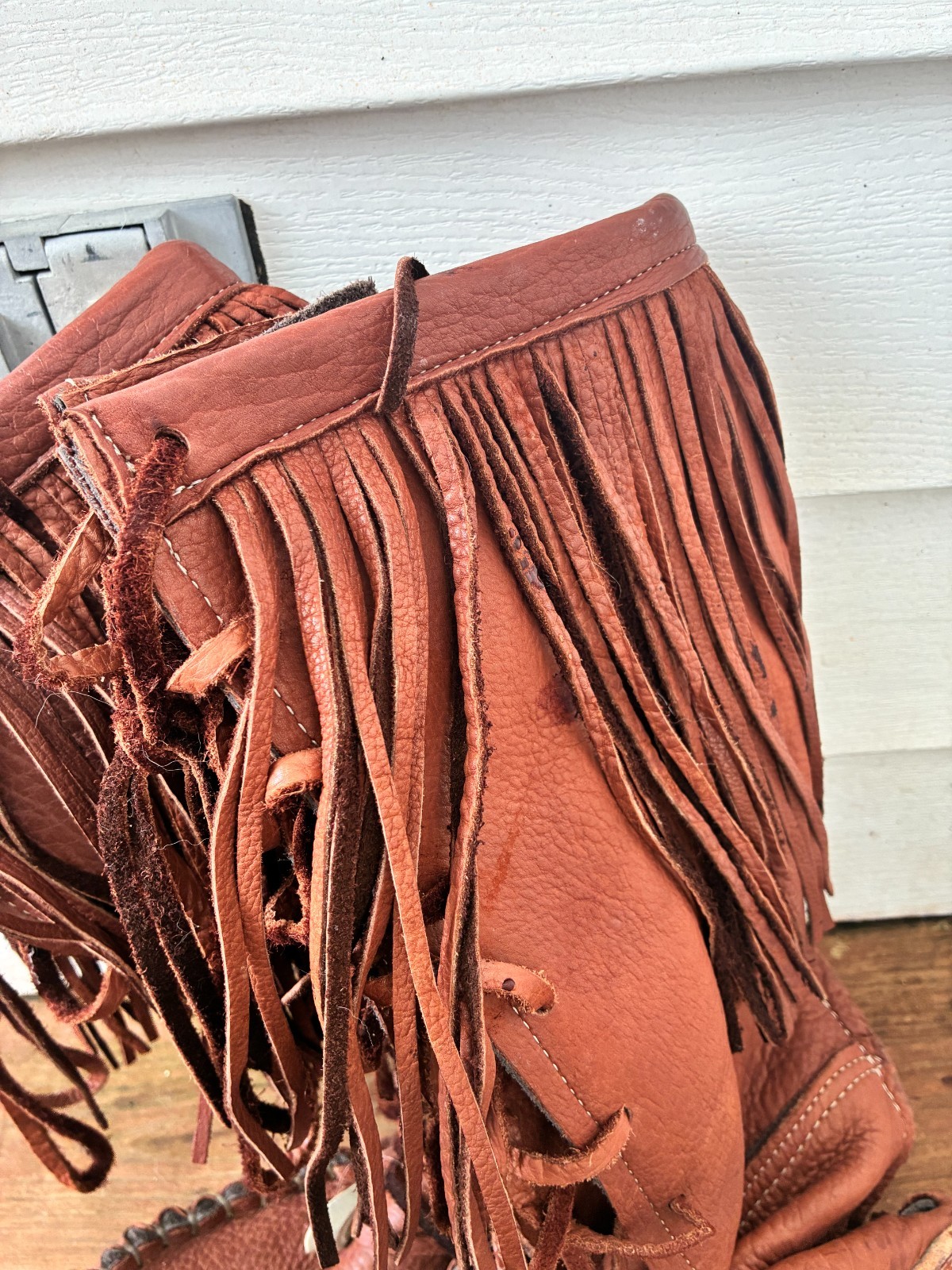 natural bison deer leather moccasins boots men US 12, brown color, tassels, bone