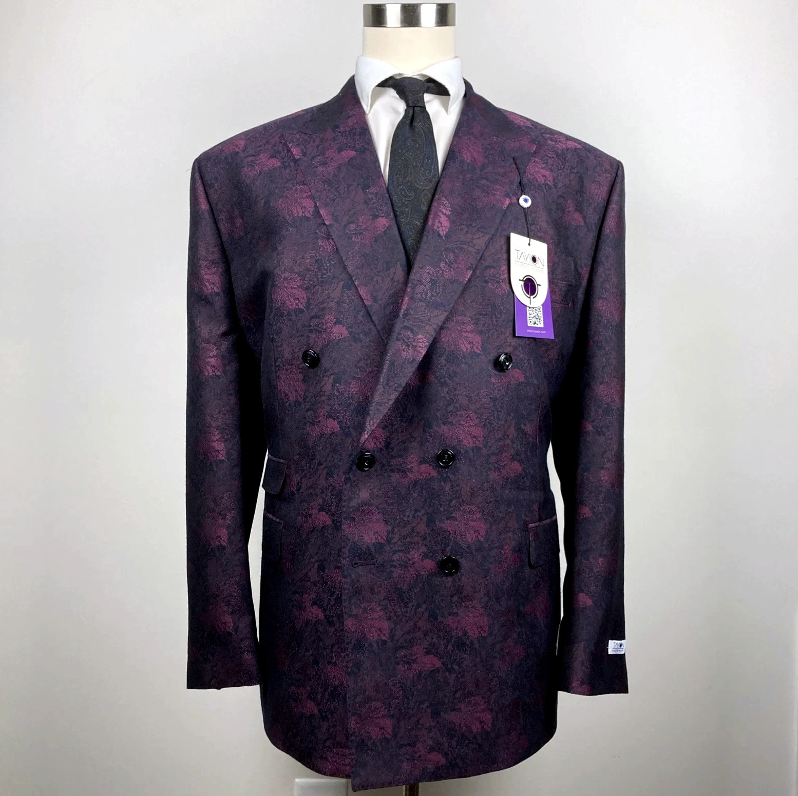 Tayion Mens Classic fit Double Breasted Dinner Jacket 52R Wine Black Floral