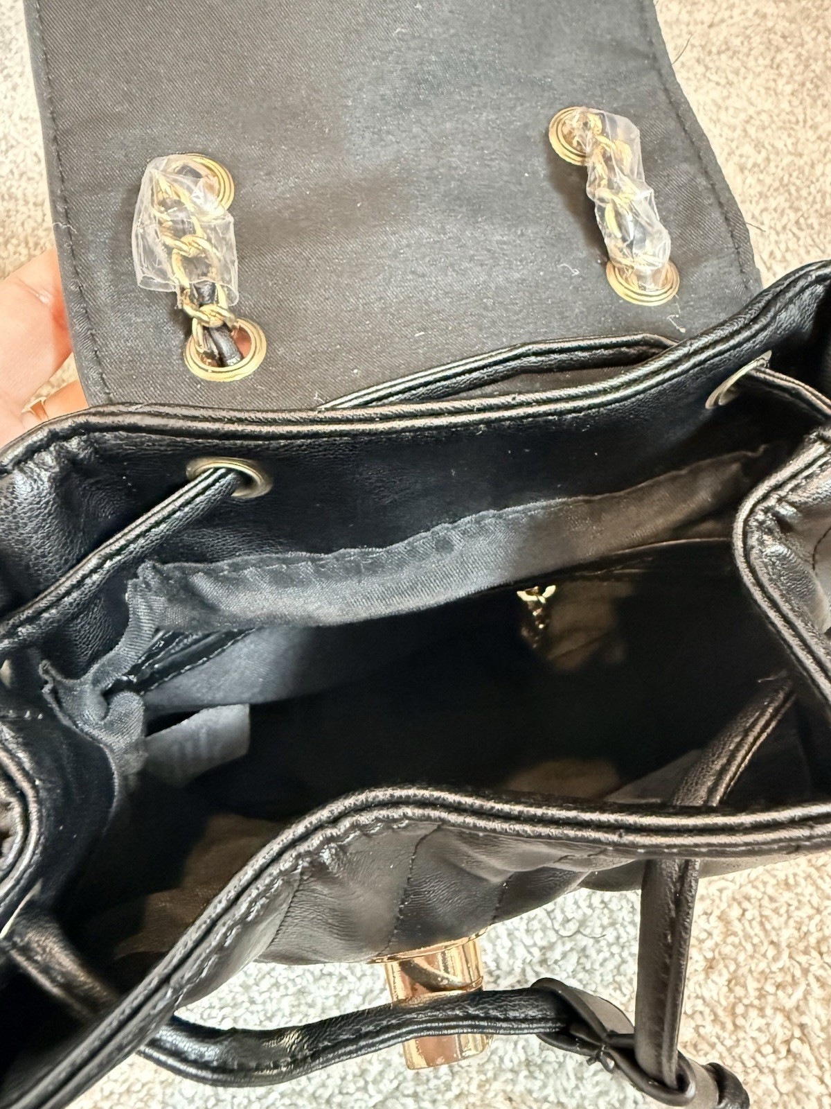 Bebe Black Backpack Drawstring Turn Lock Quilted Gold Hardware Adjustable Strap