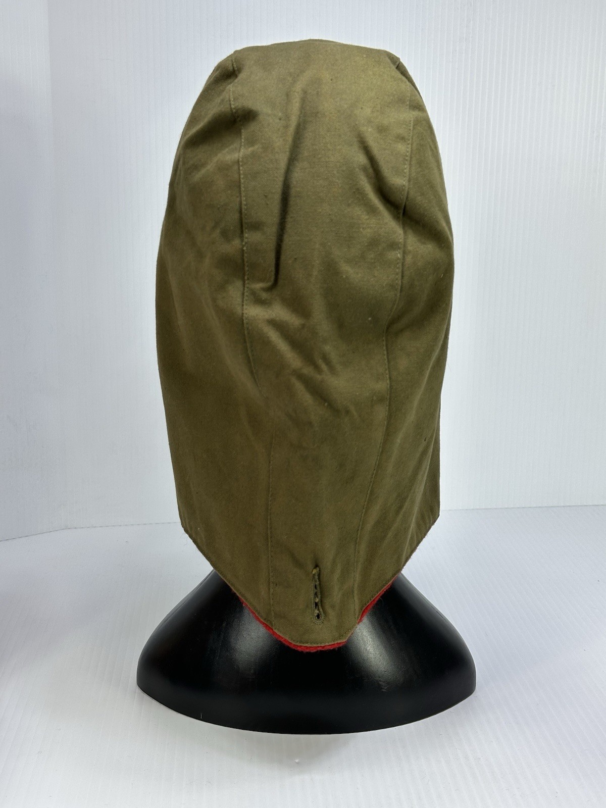 Vintage Button On Winter Hood With Drawstring Tie Green Red Fiber Lining