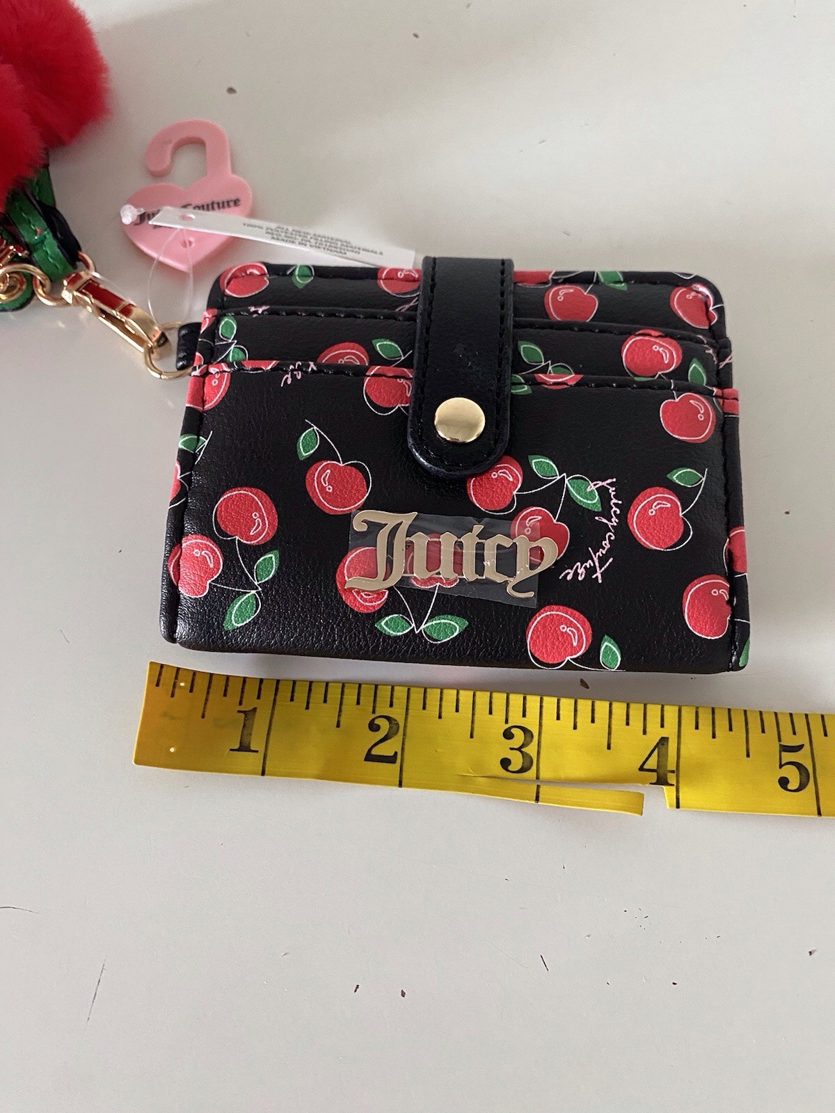 Juicy Couture Cherry Girl CC Wallet W/Back Window Black Red W/Charm Pom Pom NEW
