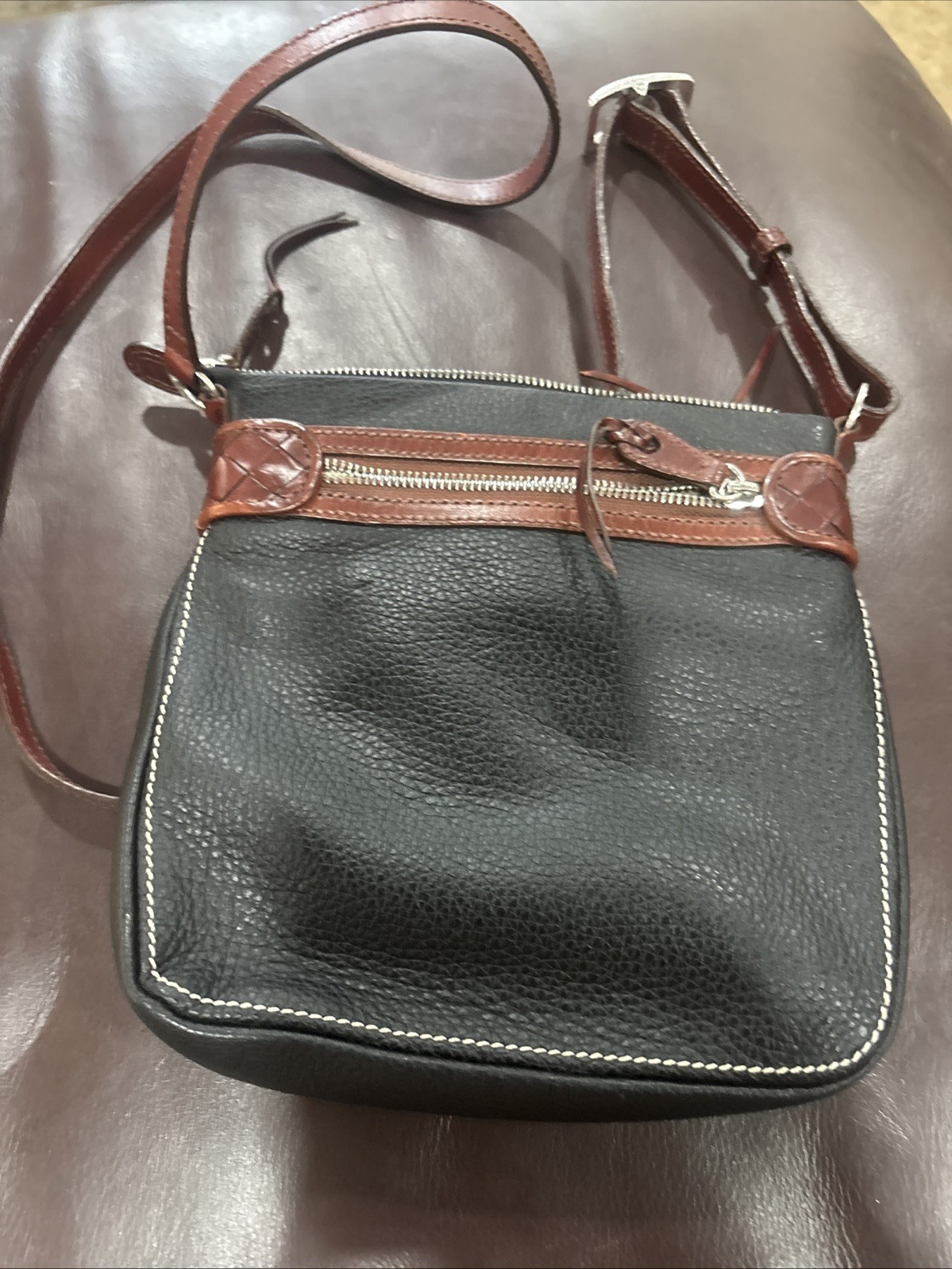 Brighton Crossbody Bag Small Black Leather Brown Trim Card Slots Pockets 8”by 8”