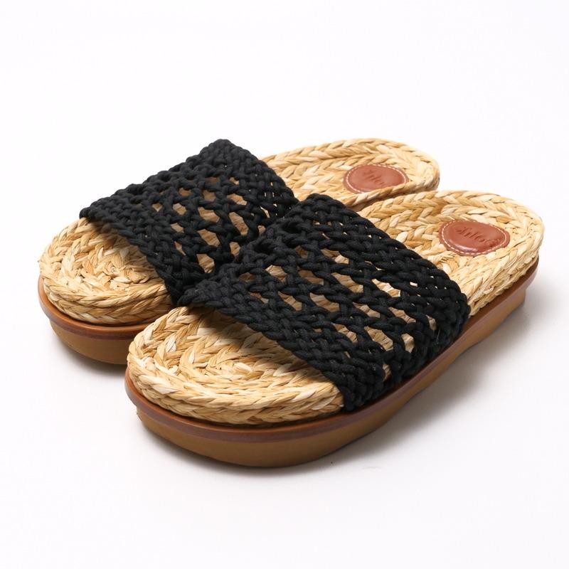 Chloe Flat Sandals Crochet Fabric Black Size EU38/US7.5