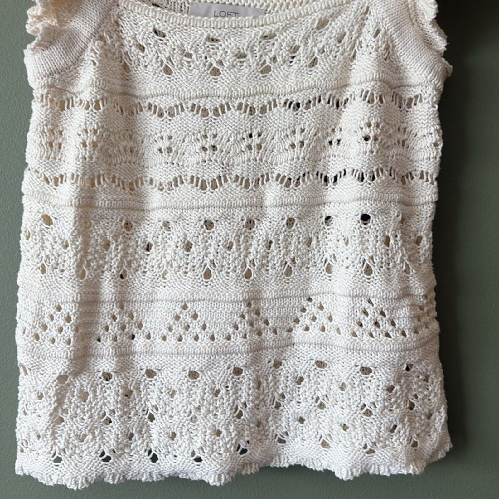 Loft Crochet Ruffle Sweater Tank Top Boho Ivory 100% Cotton Sz L