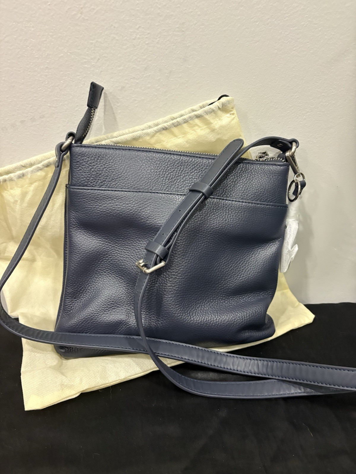 J.W. Hulme Blue Pebbled Crossbody Bag Silver Hardware Zip Detachable Strap- NEW