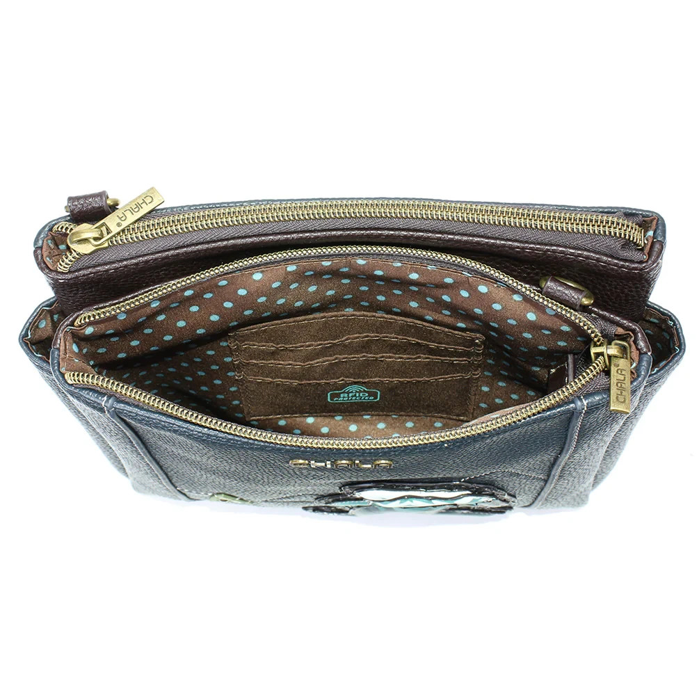 NEW CHALA NAVY BLUE BIG FOOT MERRY MESSENGER XBODY BAG PURSE FAUX LEATHER RFID