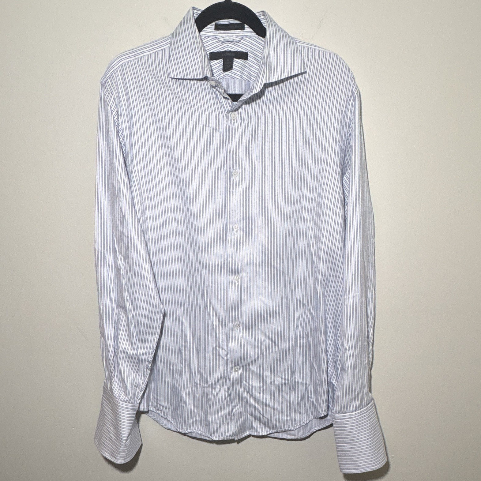 Express Non-Iron Classic Fit Blue/White Striped Dress Shirt M