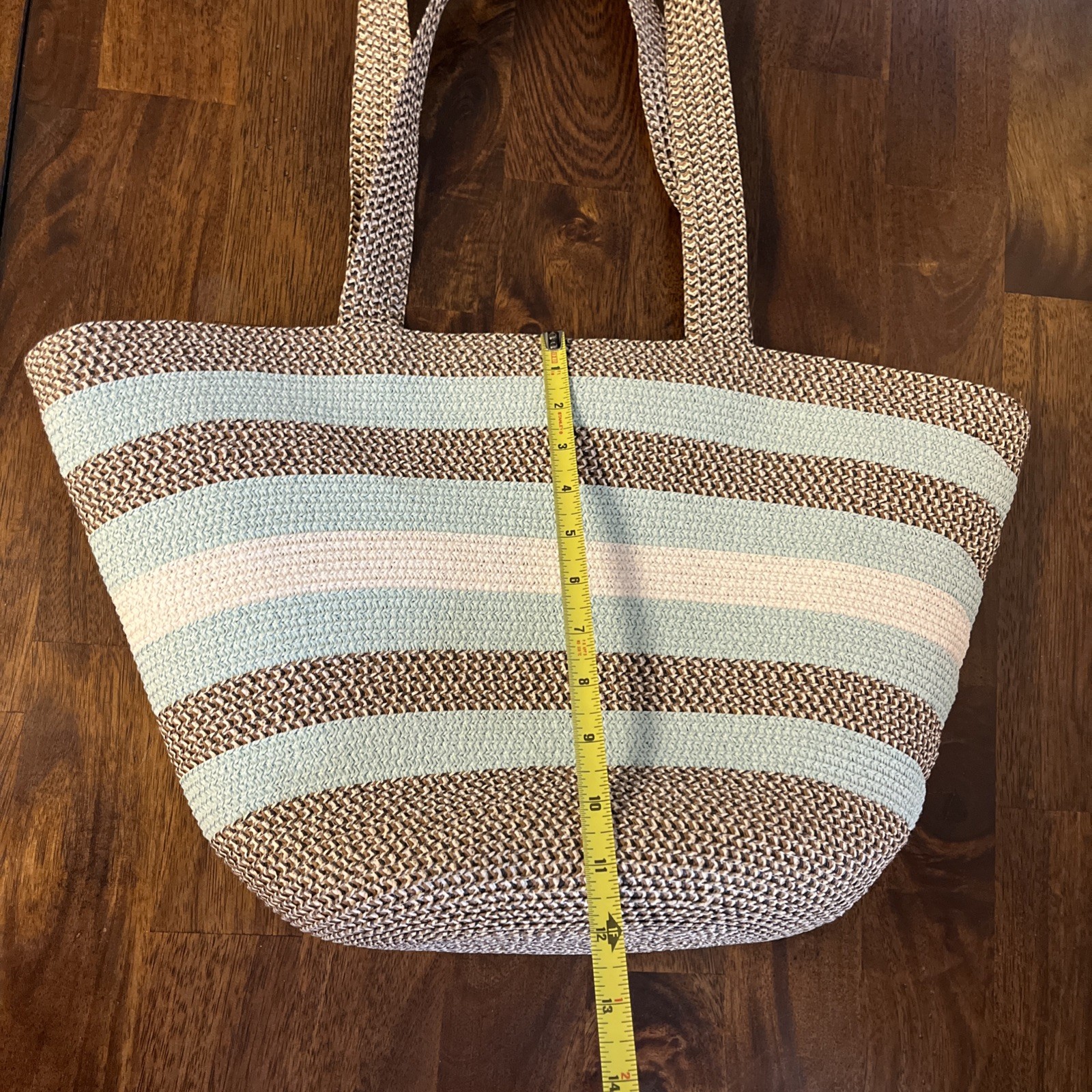 Woven Beach Shoulder Bag Tan, Turquoise, and White Striped