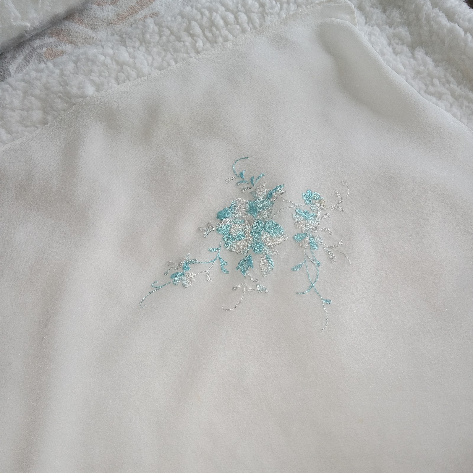 Vintage 100% Silk Embroidered Scarf Teal & Blue On Cream 13×53″ Set Of 2 Read