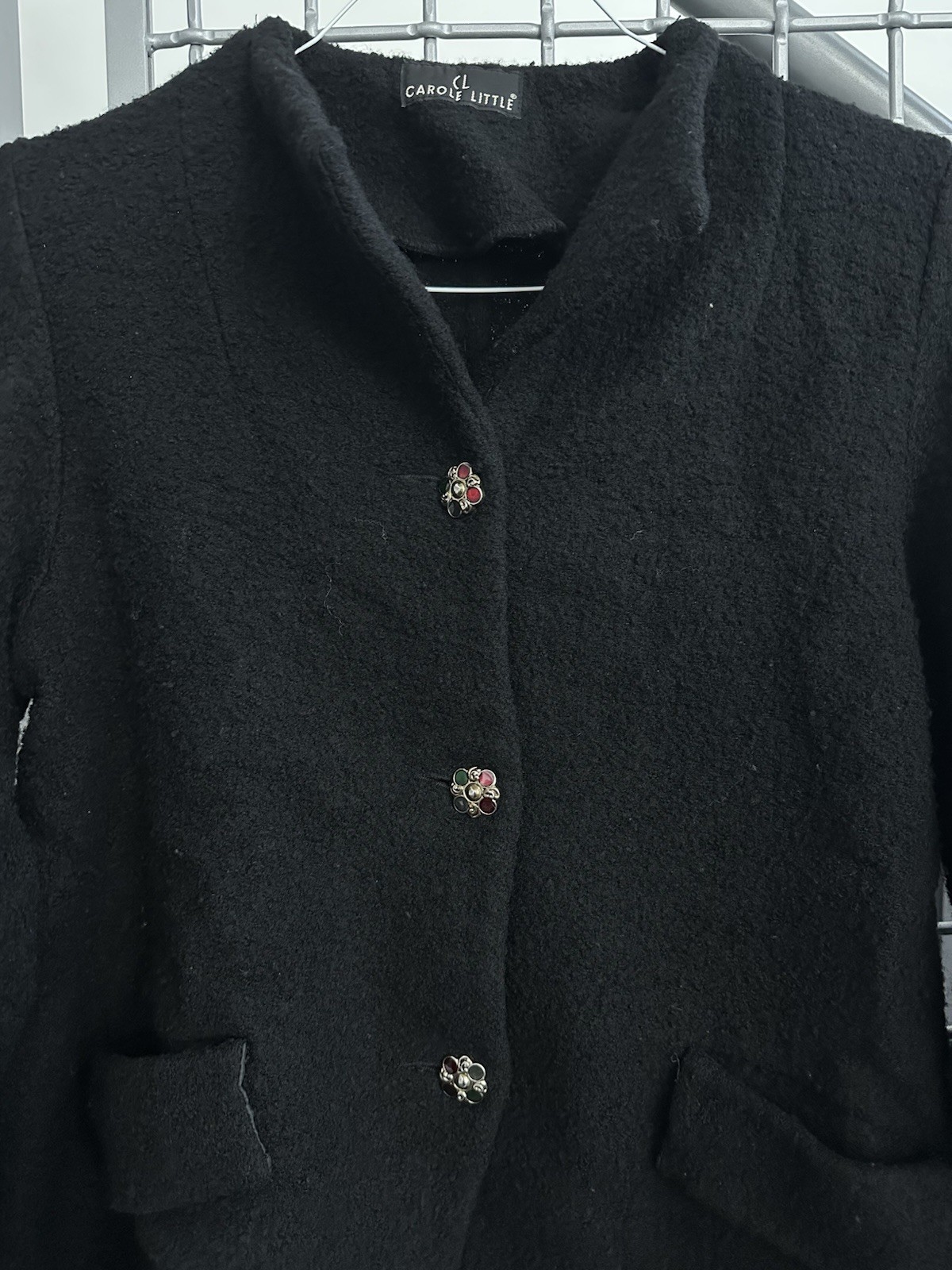 Carole Little Vintage 80s Black Button Wool Collared Flap Pocket Jacket Sz 10