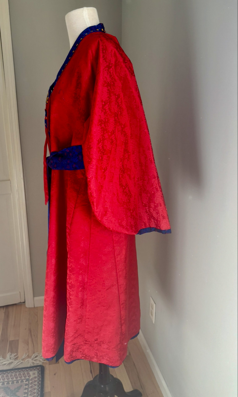 Vintage Korea Red Blue Brocade Embroidered Hanbok Durumagi Overcoat Traditional