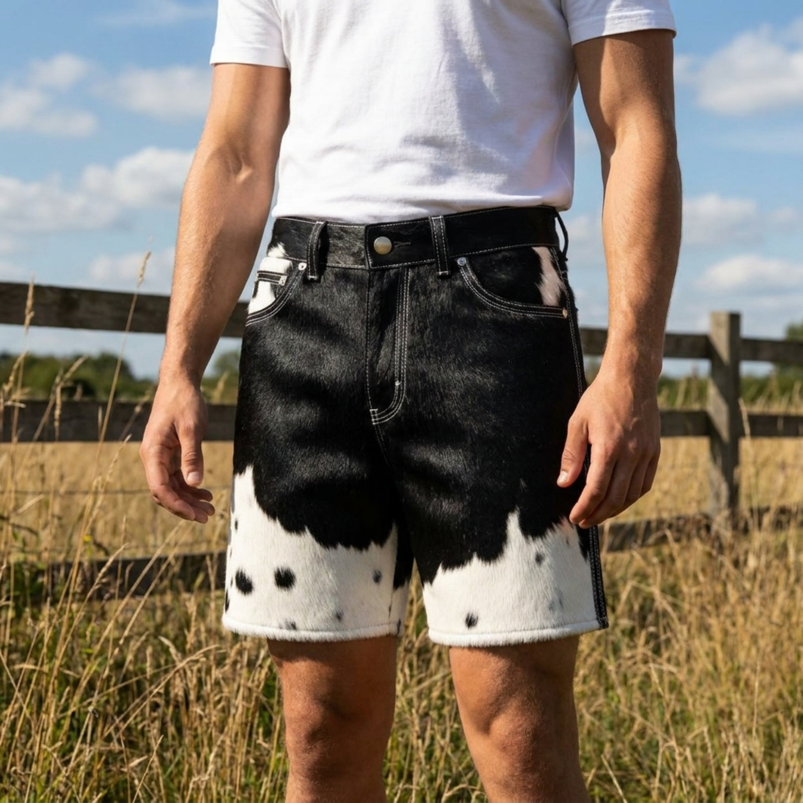 Men’s Natural Cowhide Hair On Leather Shorts Black White Western Rodeo Pants