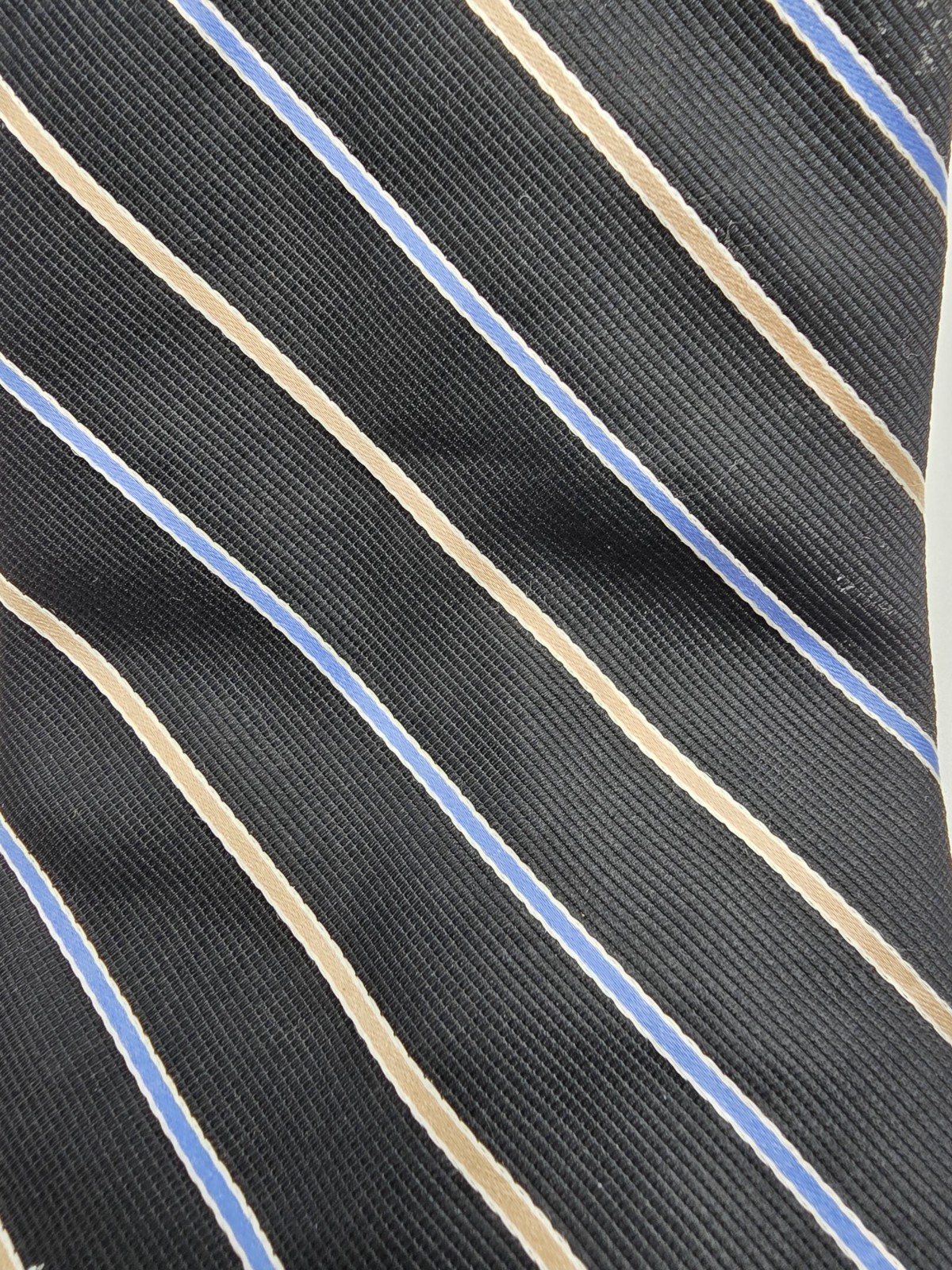 Roundtree & Yorke Extra Long 100% Silk Striped Black Blue Beige Repp Tie Woven