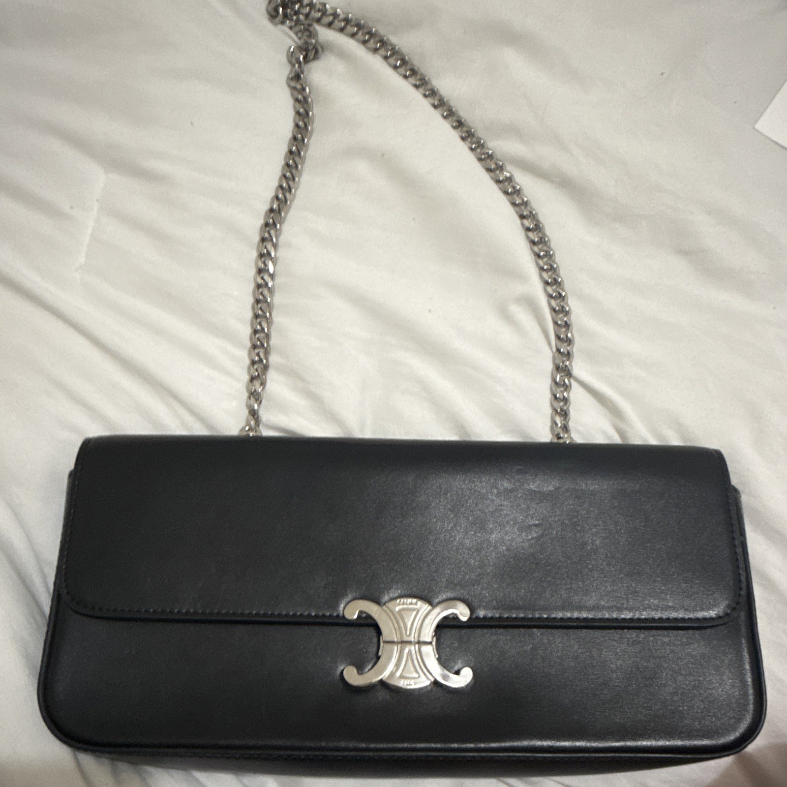 CELINE Triomphe Black Small Shoulder Bag Clutch, Silver Chain Strap, Push Lock