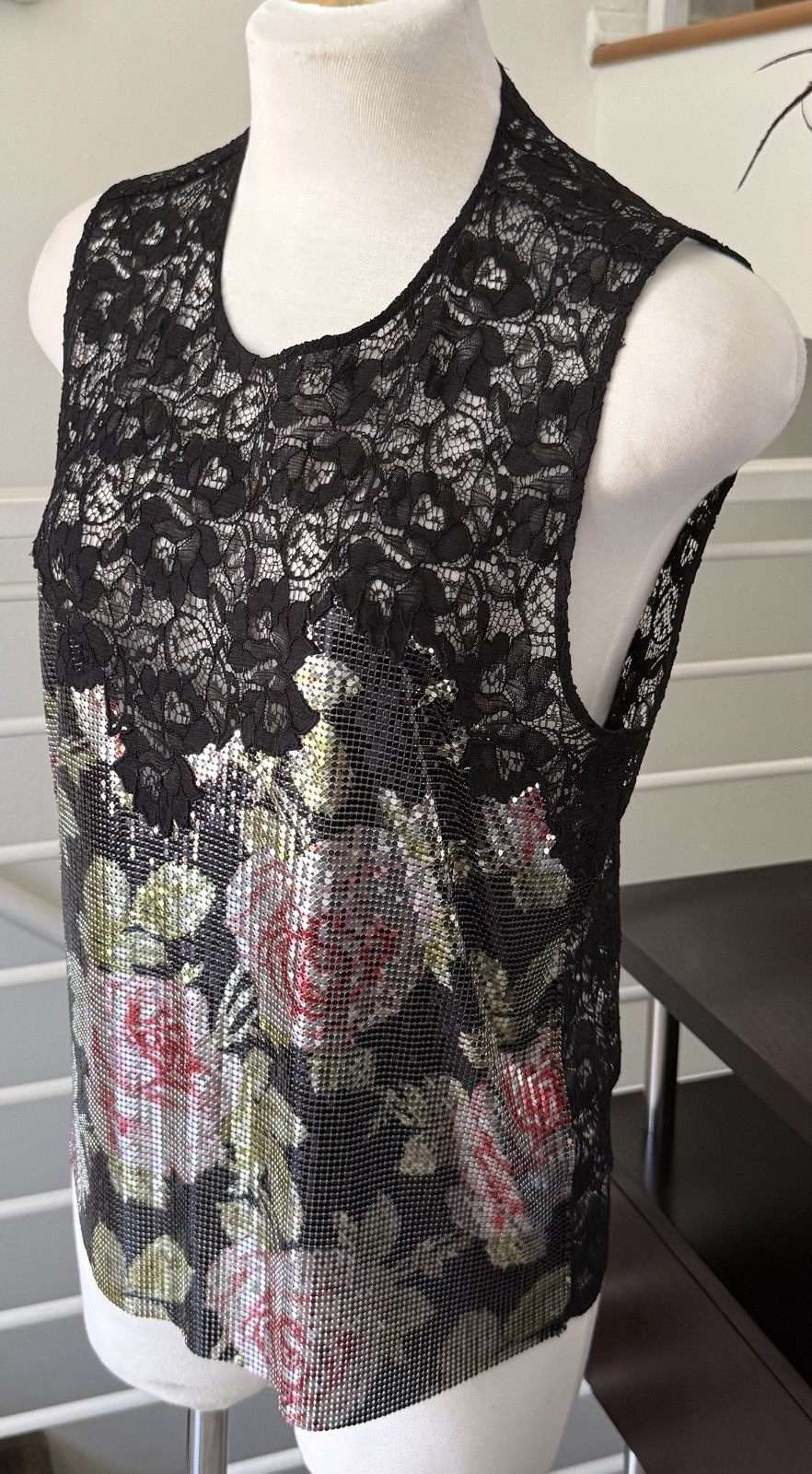Paco Rabanne Floral-print Chainmail & Corded Black Lace Top Blouse Sz 38 FR/6 US