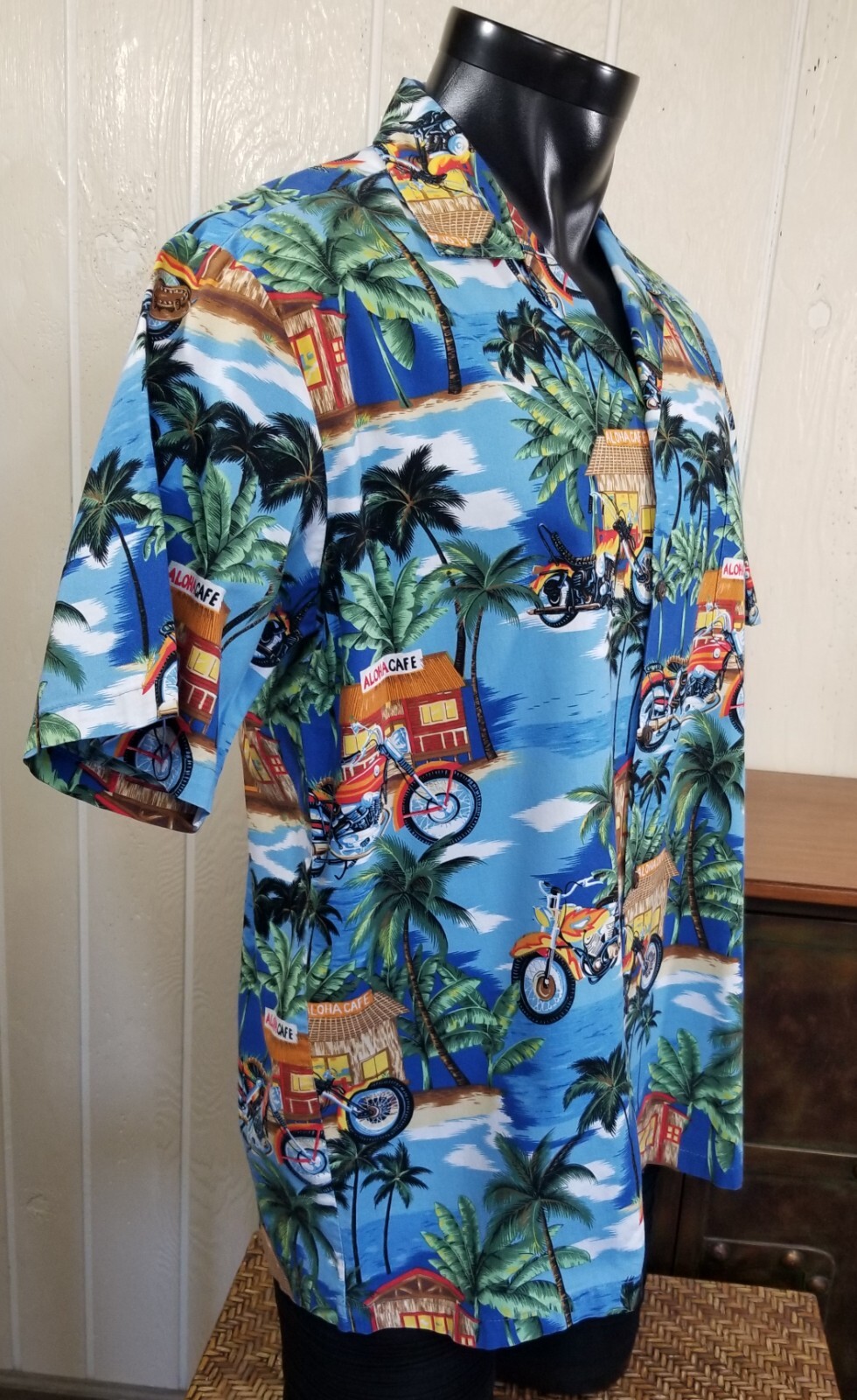 Aloha Republic Hawaiian Aloha Cafe Motorcycle Cotton Button Up Shirt Men’s Sz L