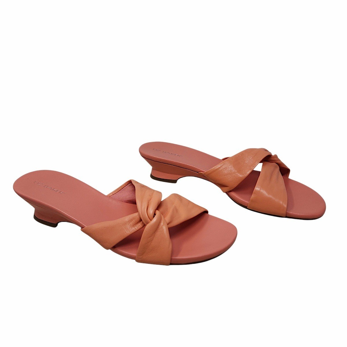 Liz Baker Slides Sandals 9.5 M Womens Peach Leather Knot Kitten Heel Slide Mules
