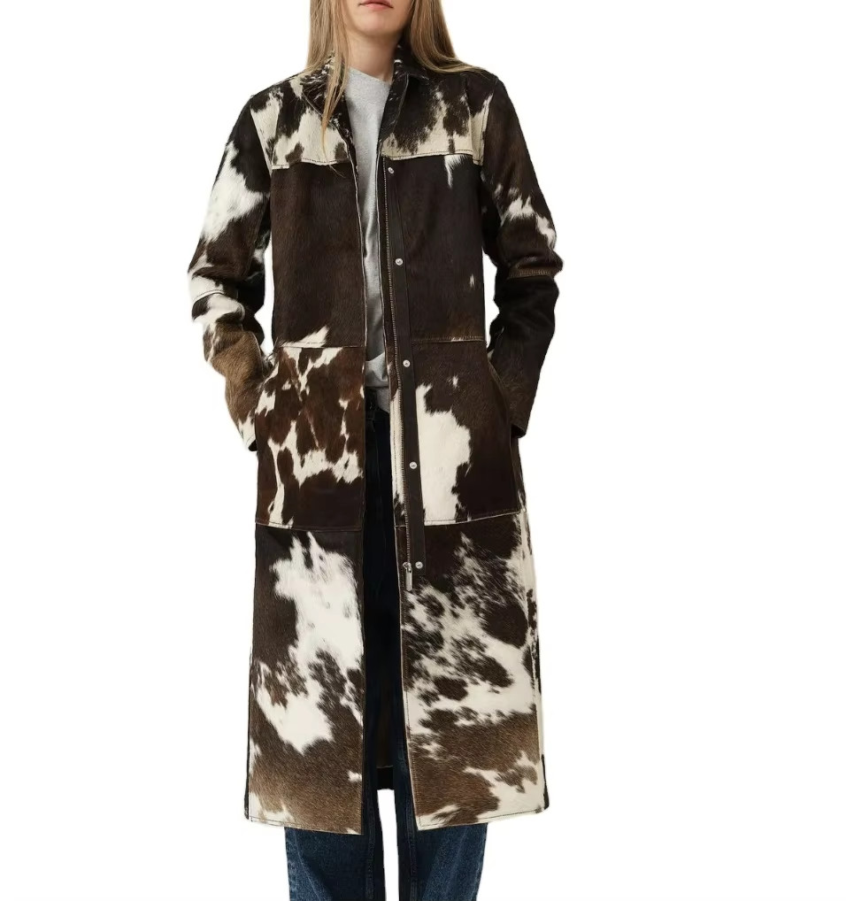 Long Coat for Women | Luxury Hair-On Cowhide Leather Western Cow Print Coat